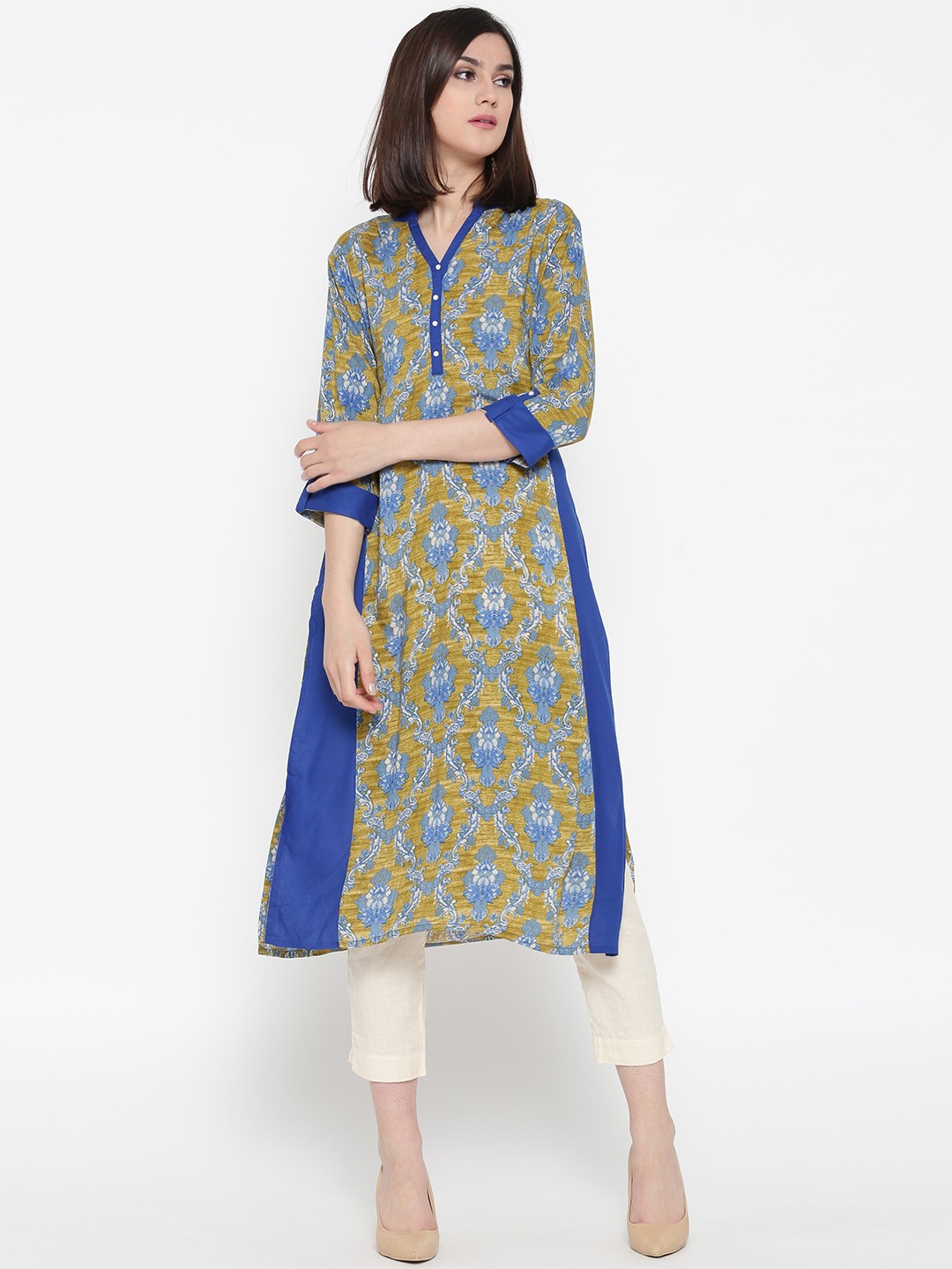 

Shree Women Blue & Mustard Yellow Printed Straight Kurta