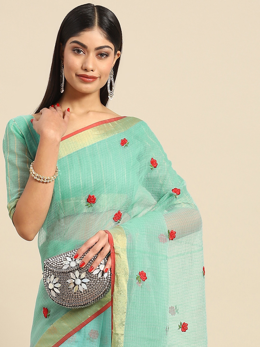 

Anouk Woman Floral Silk Blend Saree, Sea green