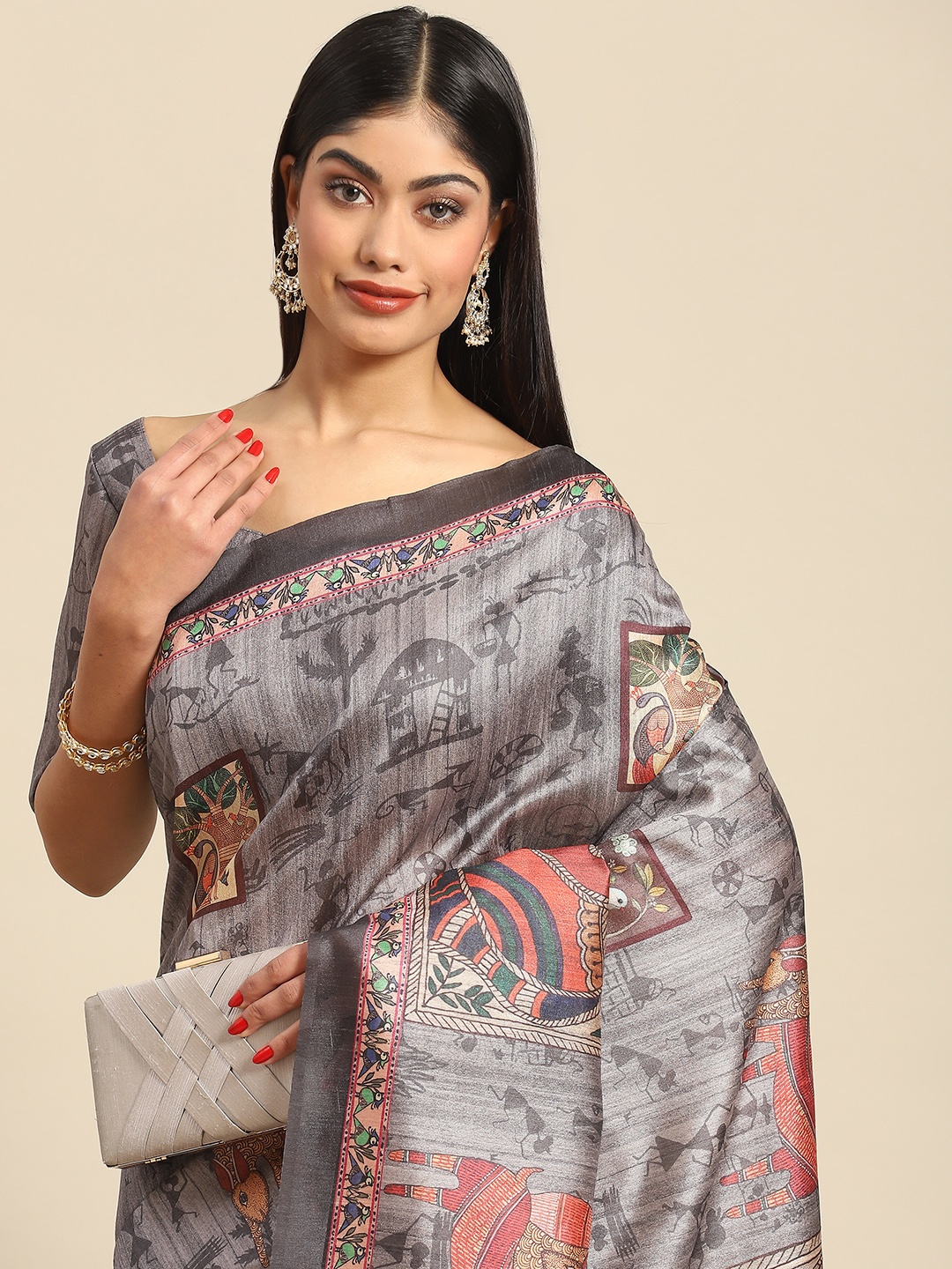 

Anouk Rustic Woman Kalamkari Manipuri Silk Saree, Charcoal