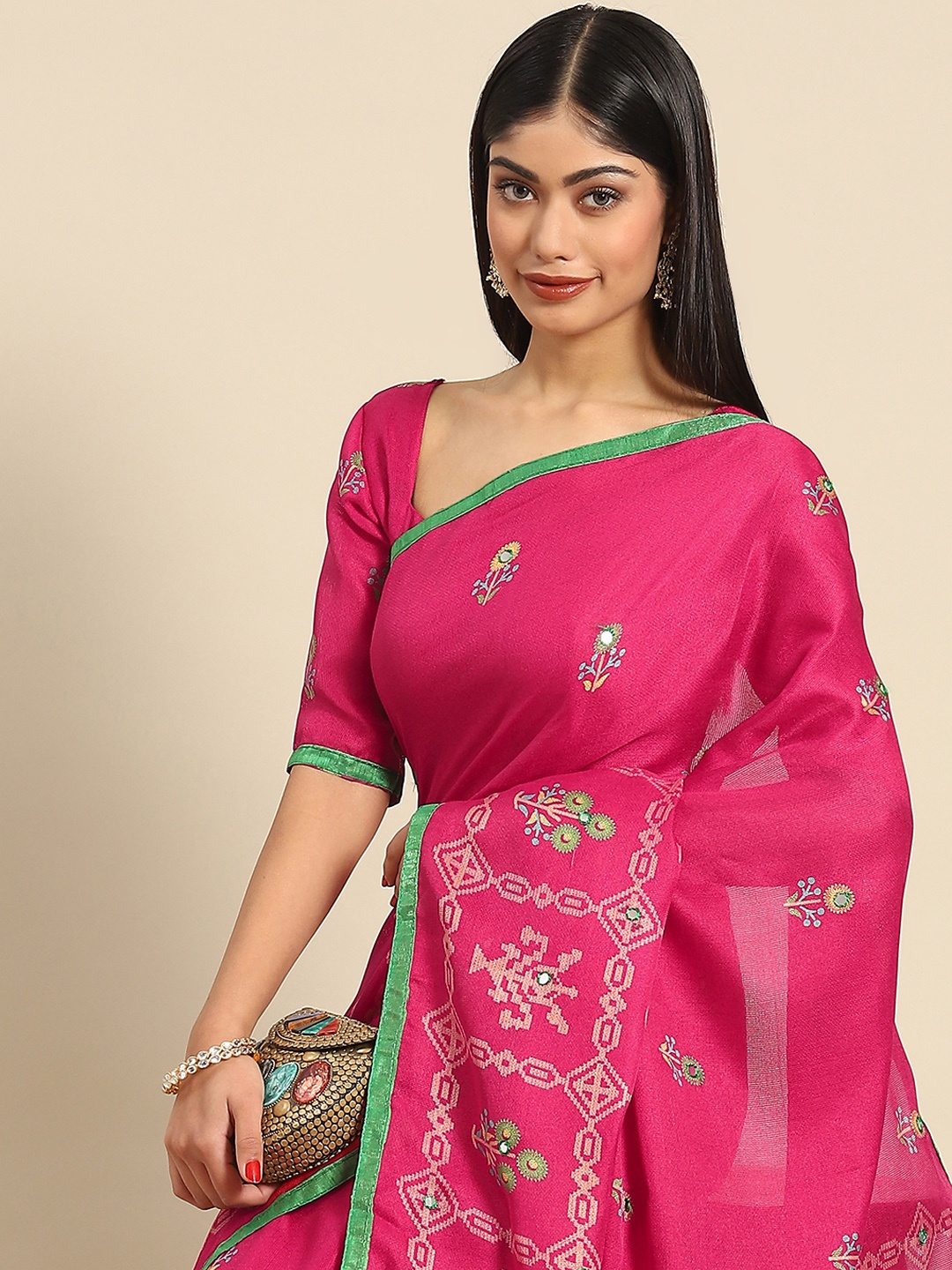 

Anouk Woman Floral Jute Silk Saree, Pink
