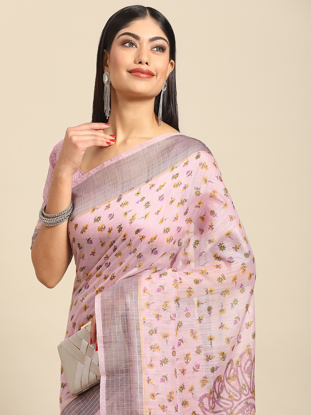 

Anouk Woman Floral Linen Blend Saree, Lavender