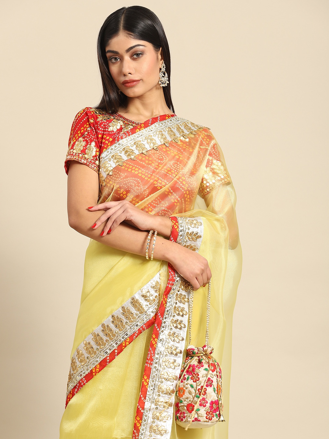 

Anouk Woman Organza Embellished Saree, Yellow