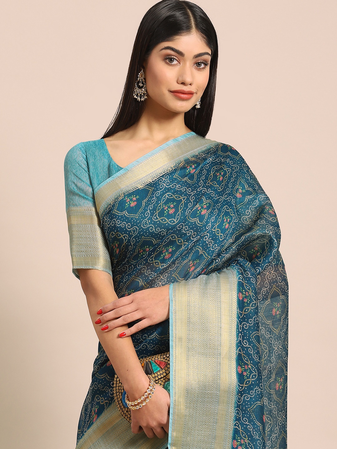 

Anouk Woman Floral Linen Blend Saree, Blue