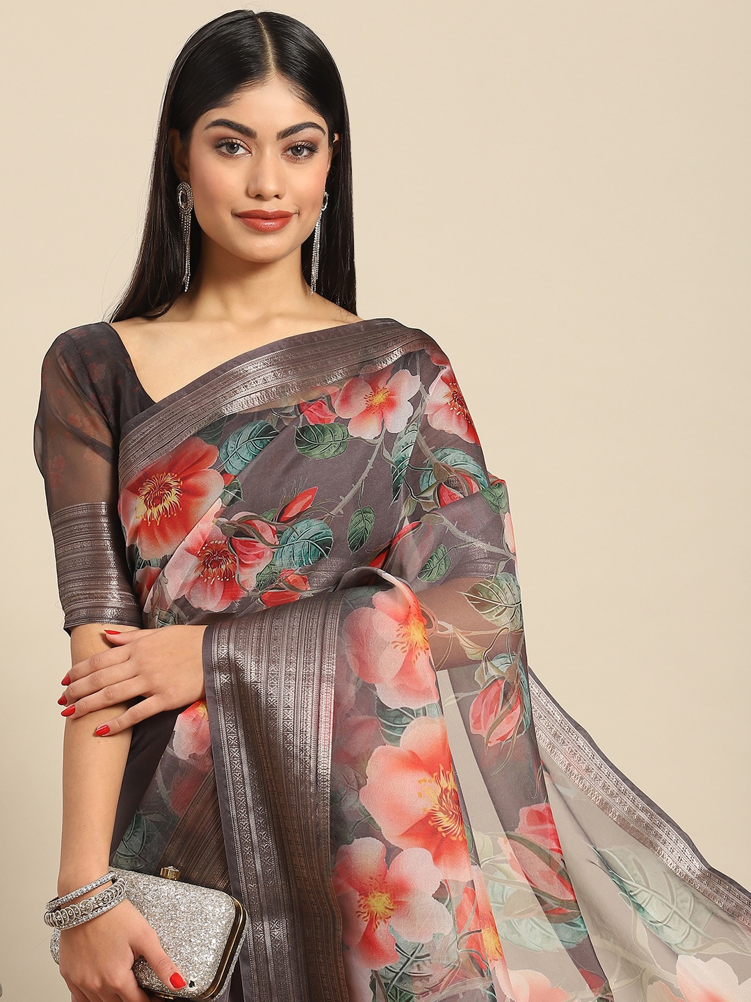 

Anouk Rustic Woman Floral Organza Saree, Brown
