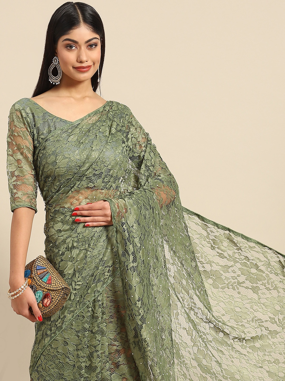 

Anouk Woman Green Floral Net Saree, Olive