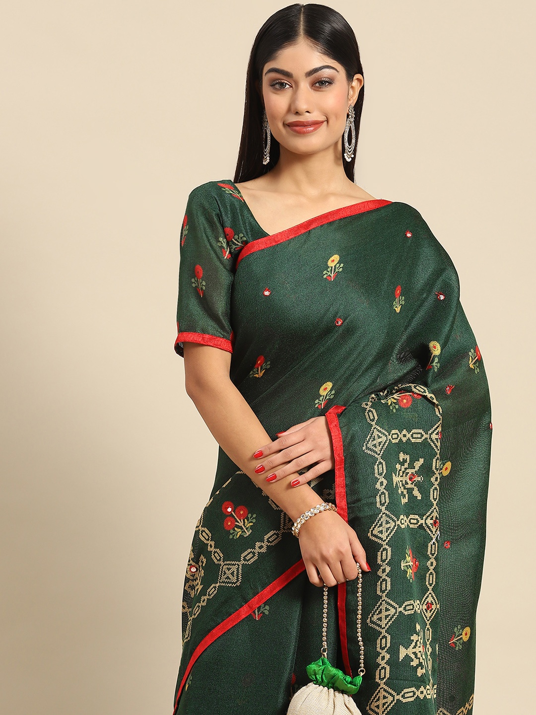 

Anouk Floral Print Jute Silk Banarasi Saree, Green