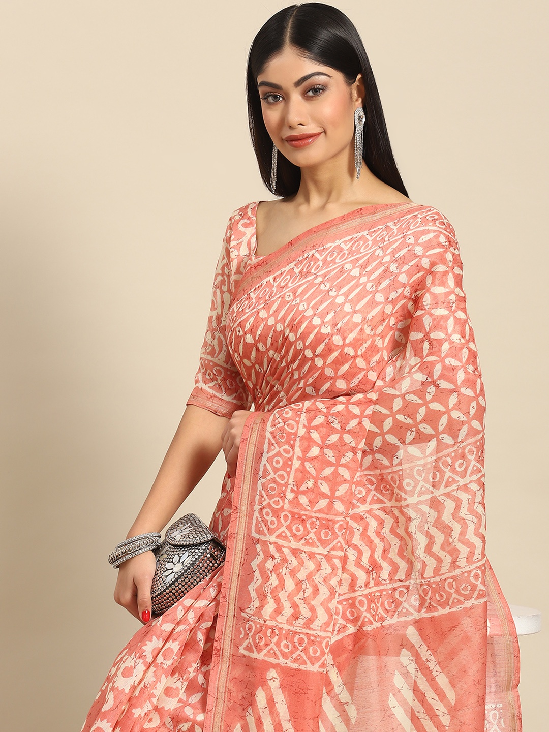 

Anouk Geometric Print Ikat Saree, Peach