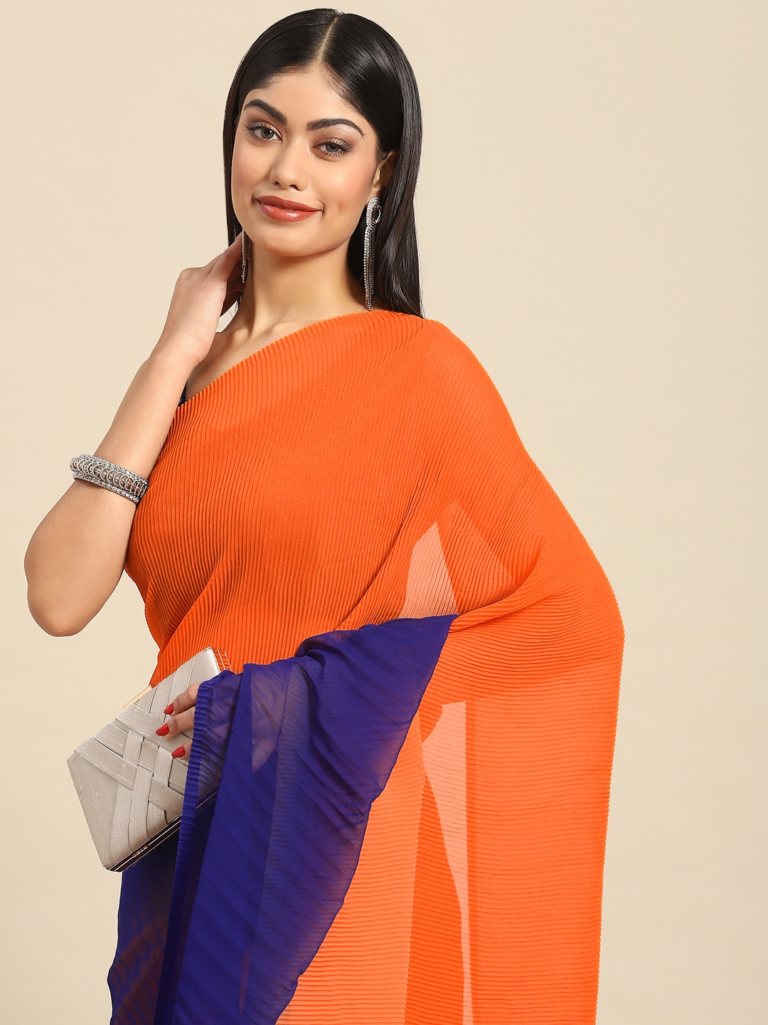 

Anouk Accordian Pleated Colourblocked Pure Crepe Saree, Orange
