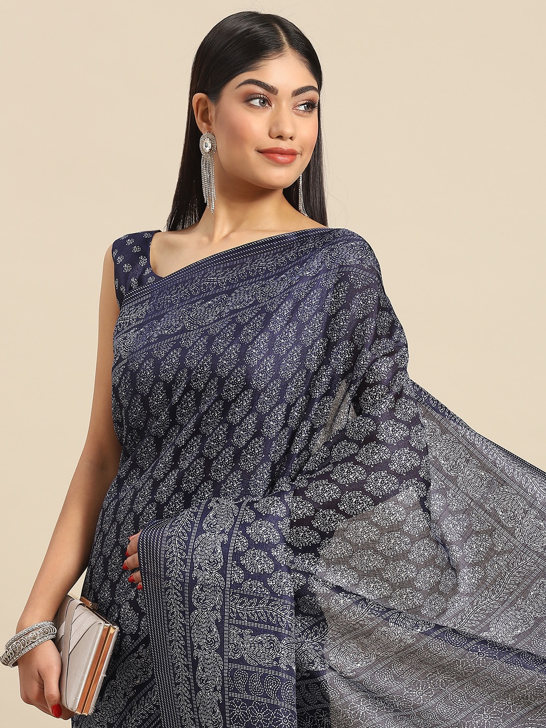 

Anouk Ethnic Motifs Print Art Silk Bhagalpuri Saree, Navy blue