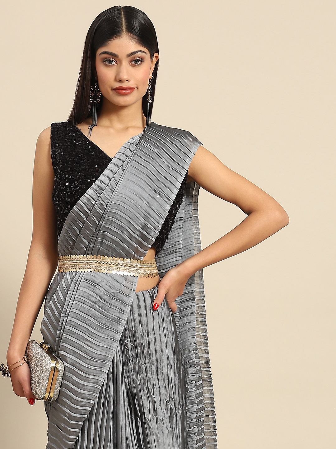 

Anouk Accordian Pleated Pure Georgette Saree, Grey