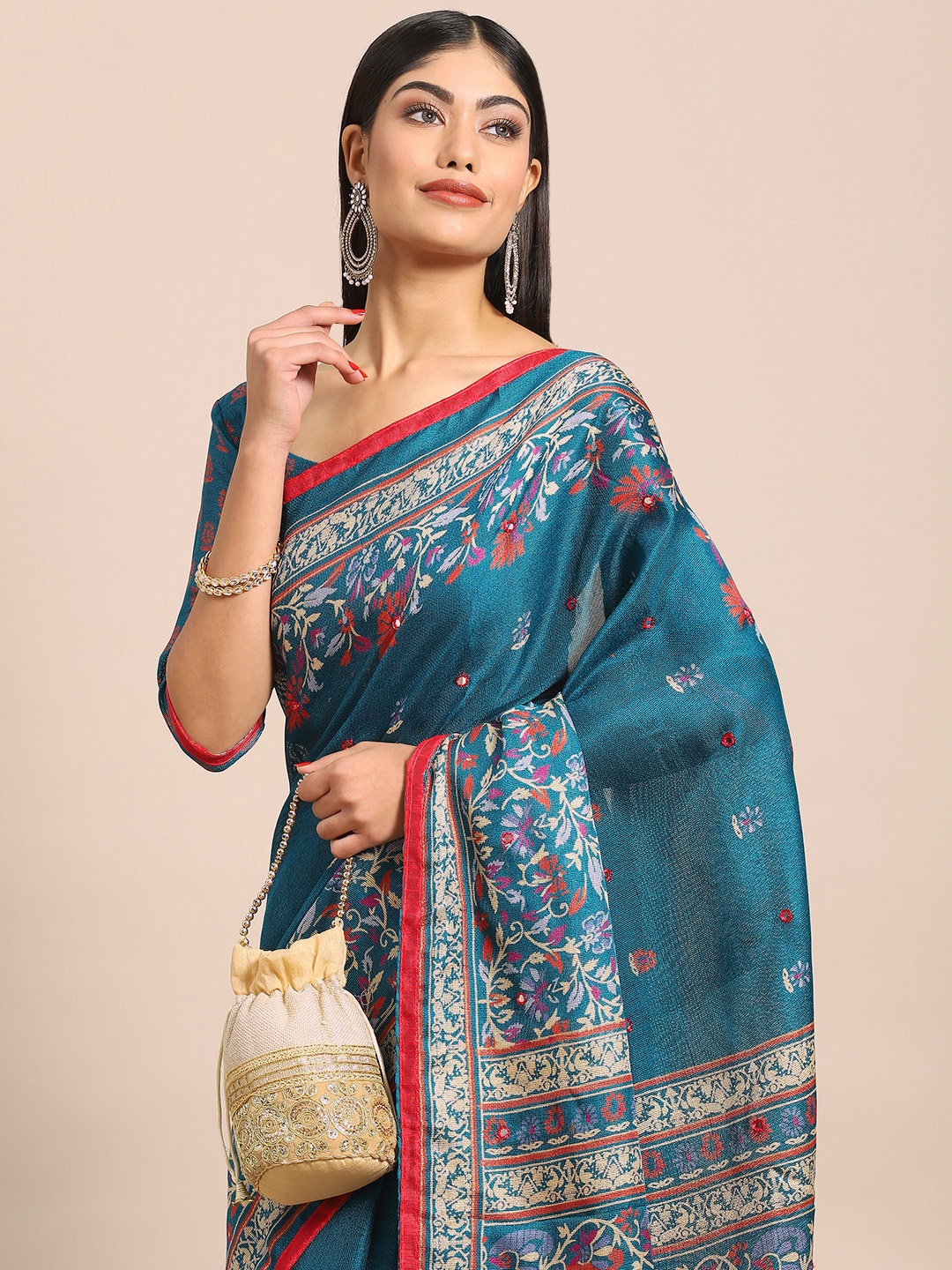 

Anouk Floral Print Mirror Work Jute Silk Banarasi Saree, Blue