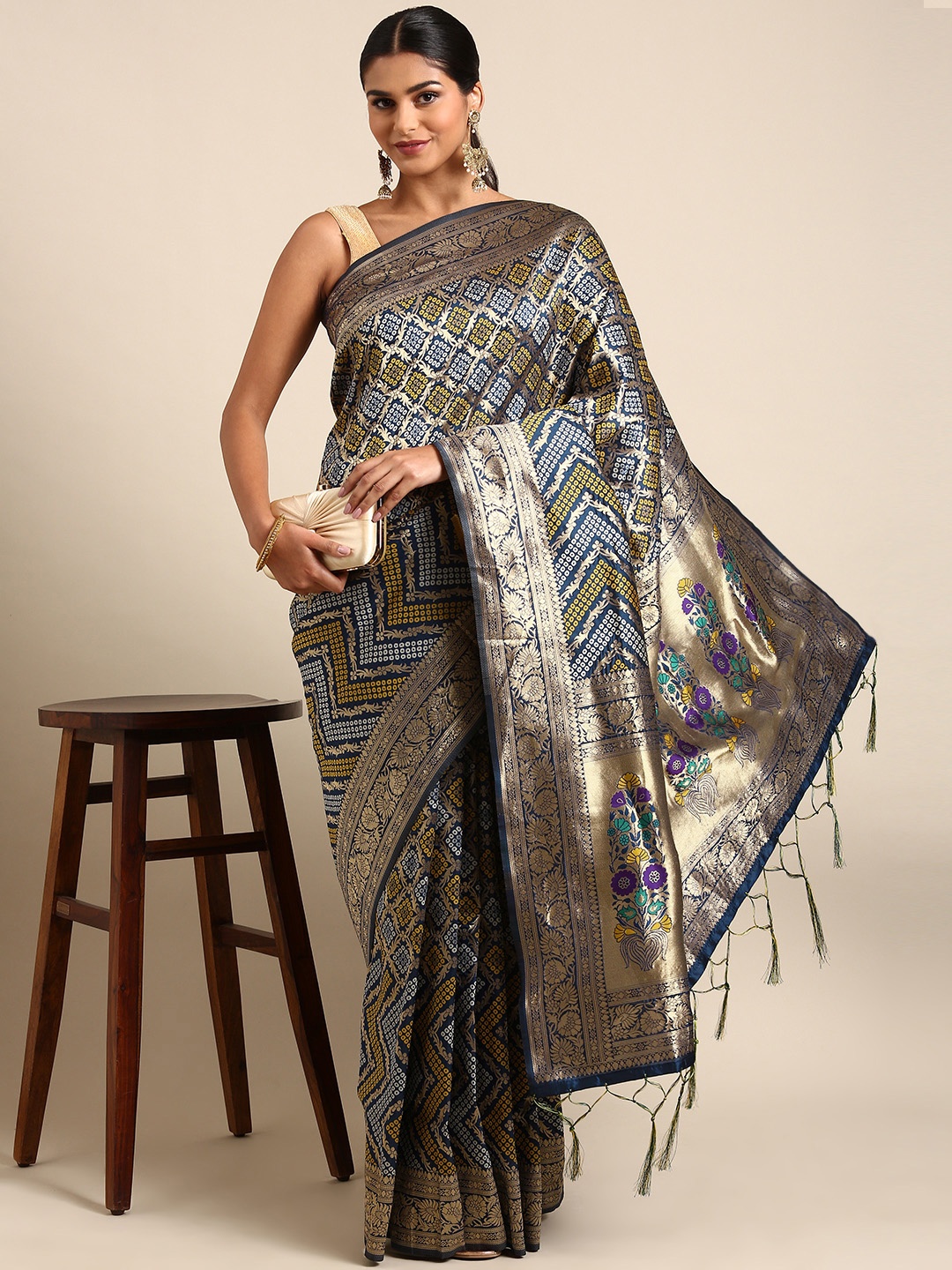 

Royal Rajgharana Saree Ethnic Motifs Zari Pure Silk Bandhani Saree, Navy blue