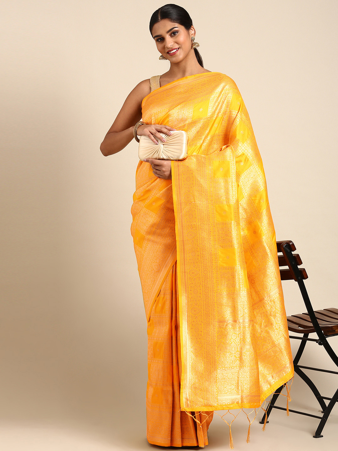 

Royal Rajgharana Saree Ethnic Motifs Zari Pure Silk Banarasi Saree, Yellow