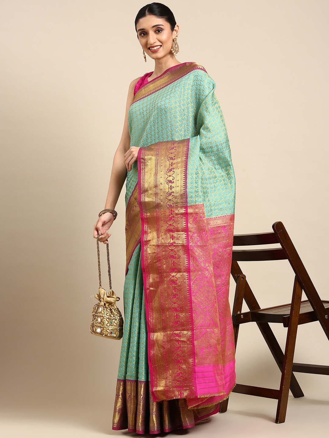 

Royal Rajgharana Saree Woven Design Zari Pure Silk Banarasi Sarees, Sea green