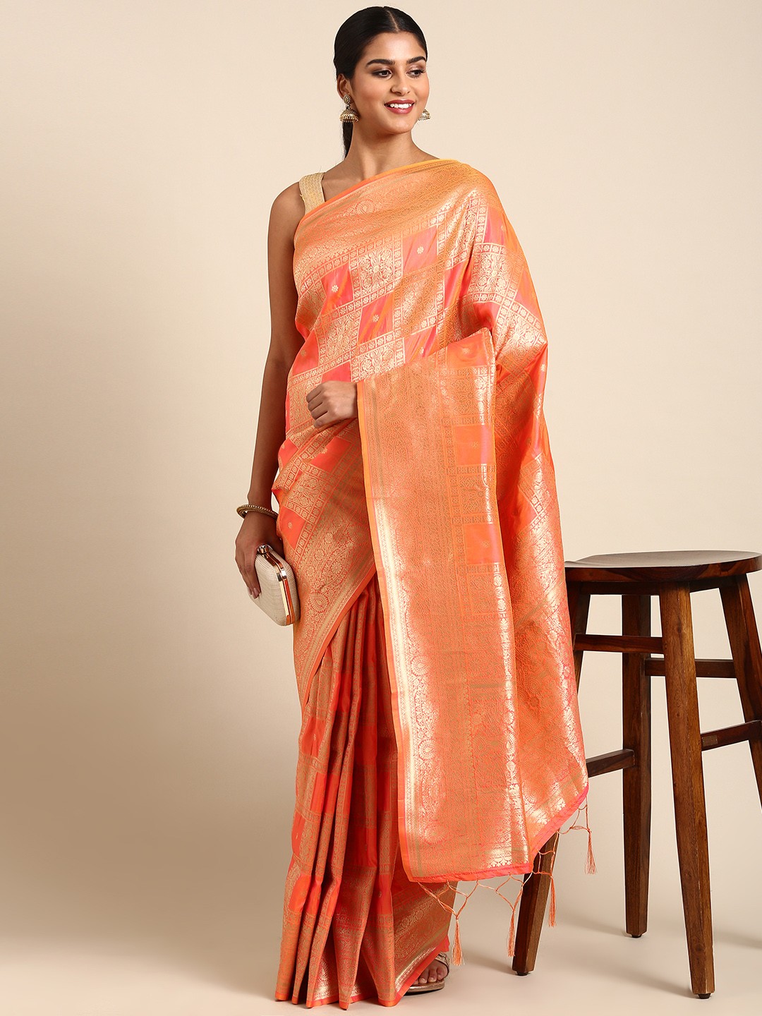 

Royal Rajgharana Saree Floral Zari Pure Silk Banarasi Saree, Orange