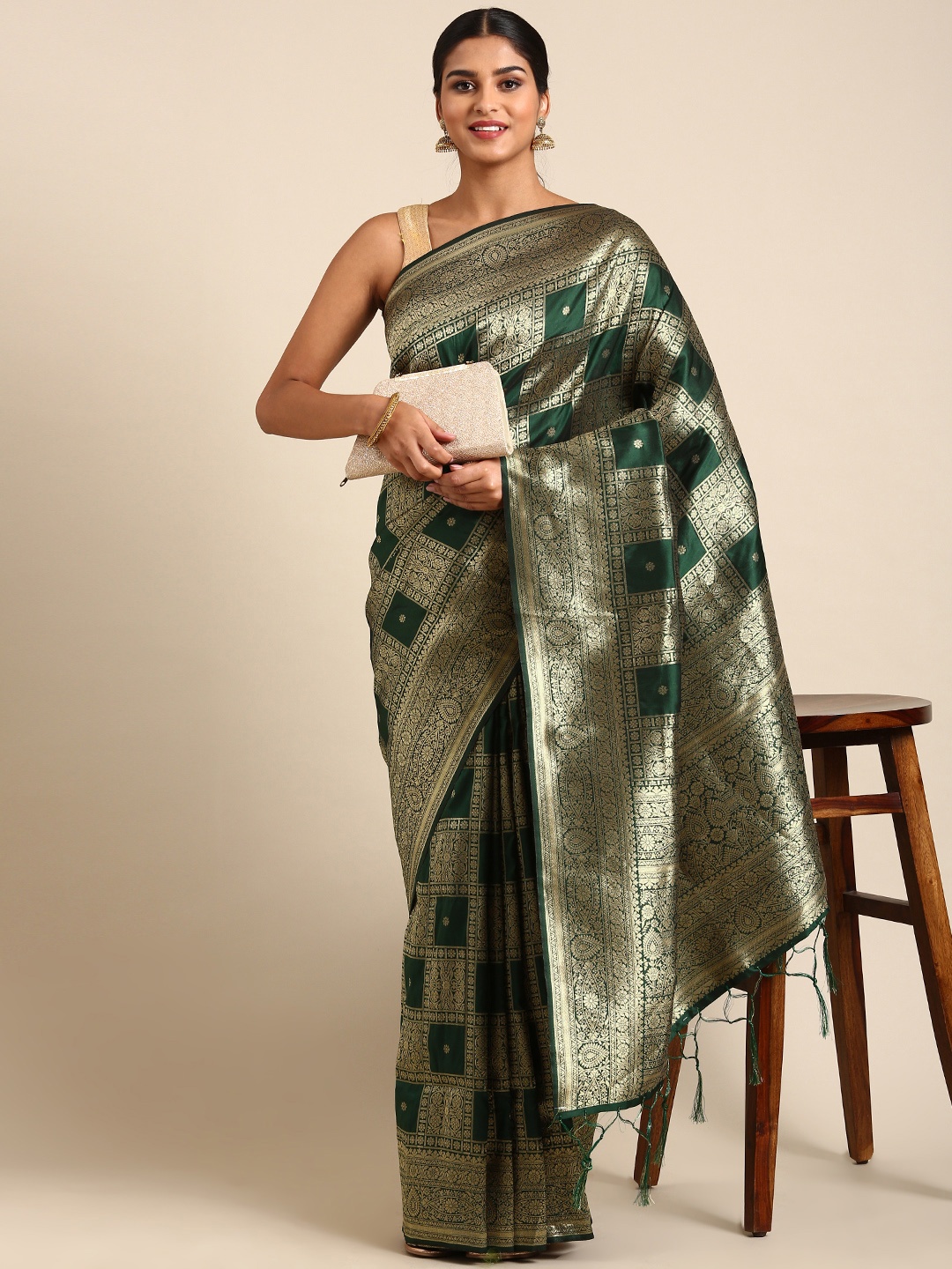 

Royal Rajgharana Saree Ethnic Motifs Zari Pure Silk Banarasi Saree, Green