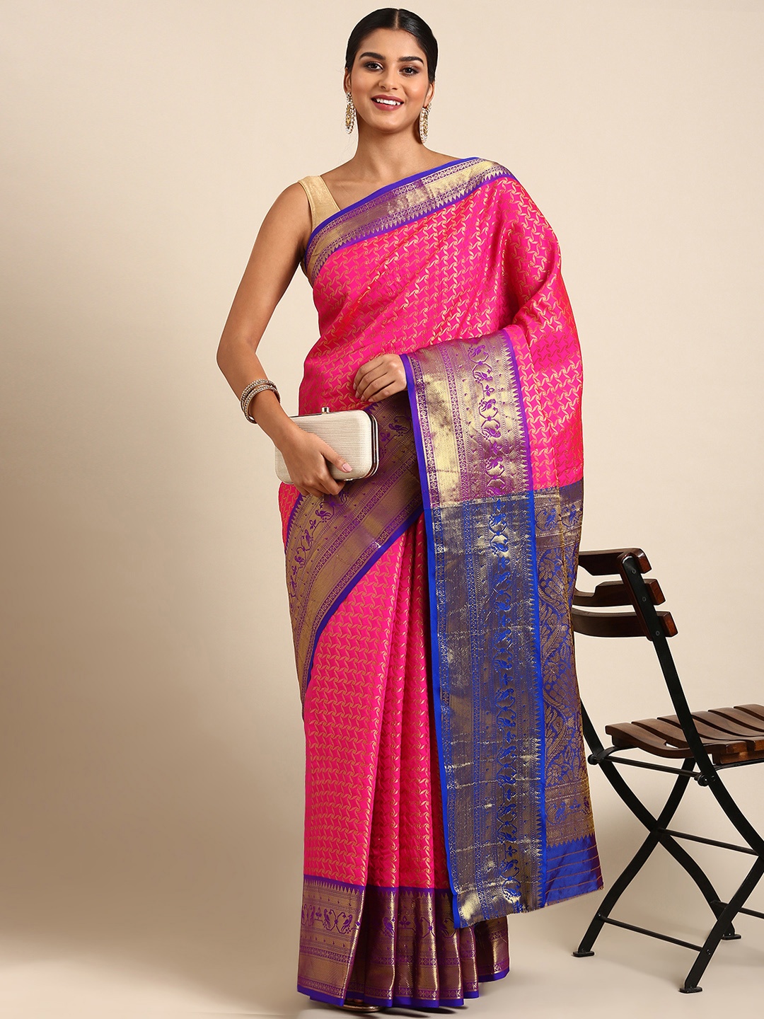 

Royal Rajgharana Saree Ethnic Motifs Zari Pure Silk Banarasi Saree, Pink