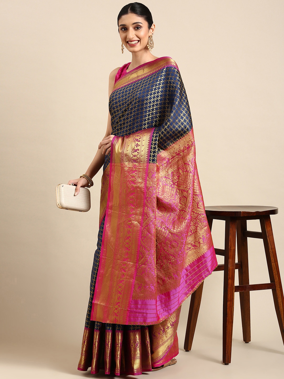 

Royal Rajgharana Saree Woven Design Zari Pure Silk Banarasi Sarees, Navy blue