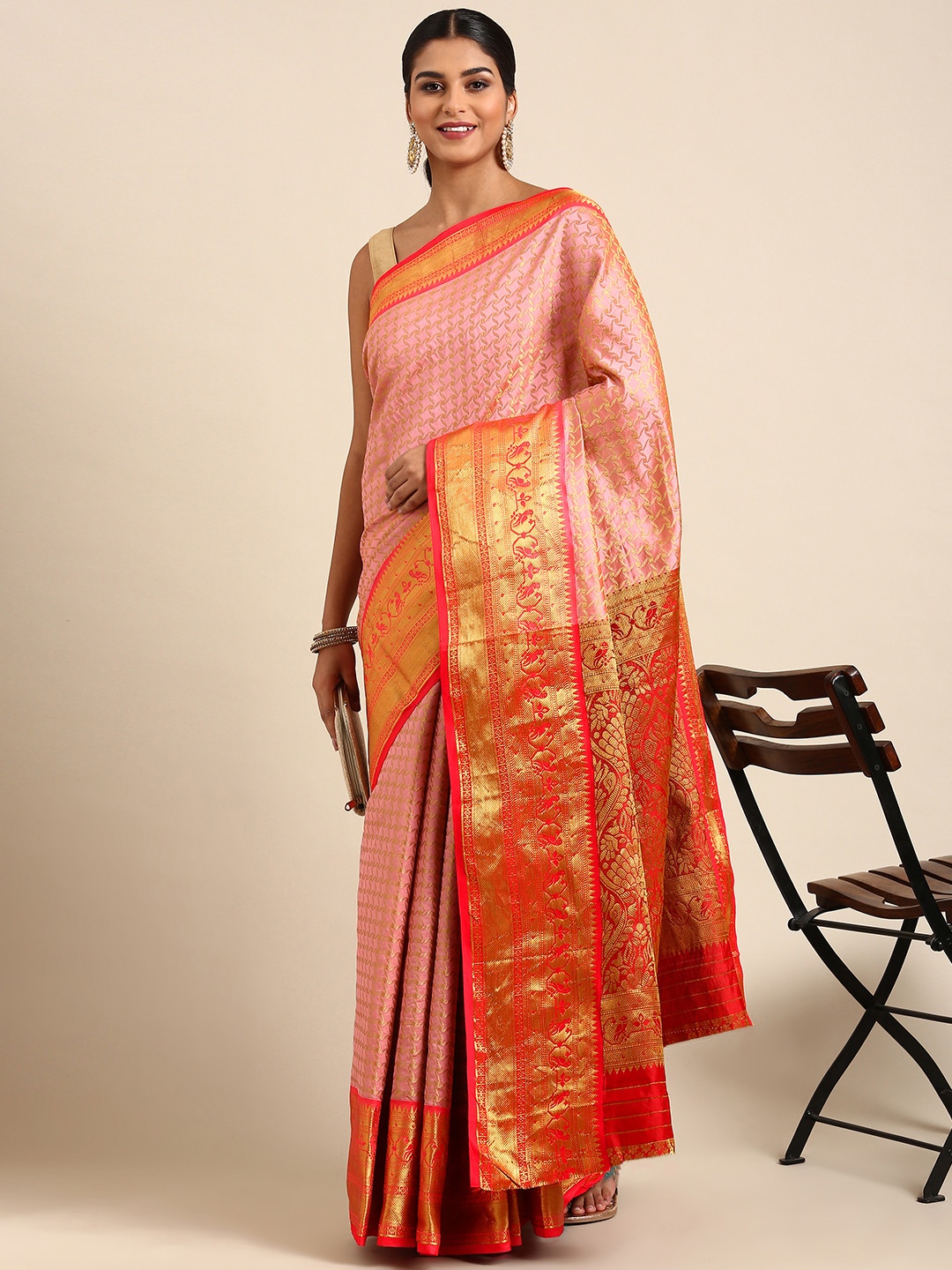 

Royal Rajgharana Saree Ethnic Motifs Zari Pure Silk Banarasi Saree, Peach