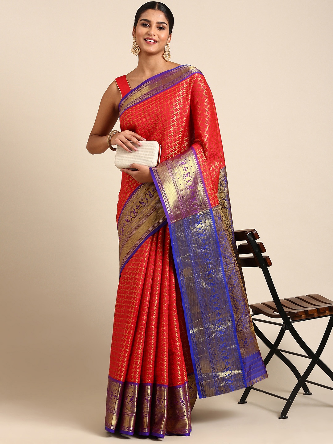 

Royal Rajgharana Saree Ethnic Motifs Zari Pure Silk Banarasi Saree, Red