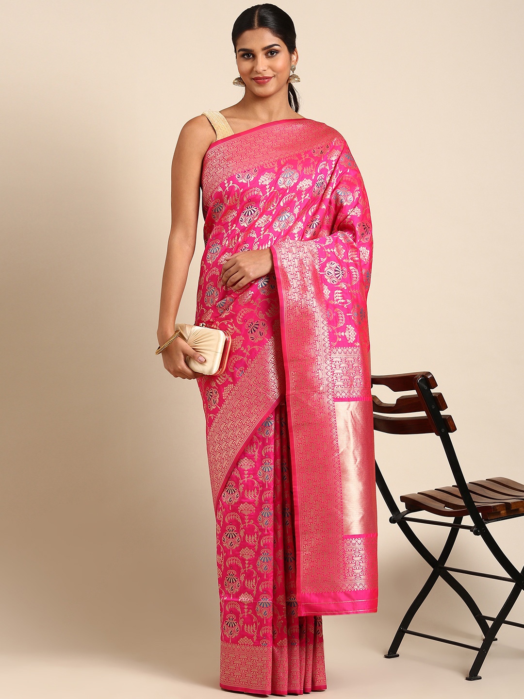 

Royal Rajgharana Saree Ethnic Motifs Zari Pure Silk Banarasi Saree, Pink