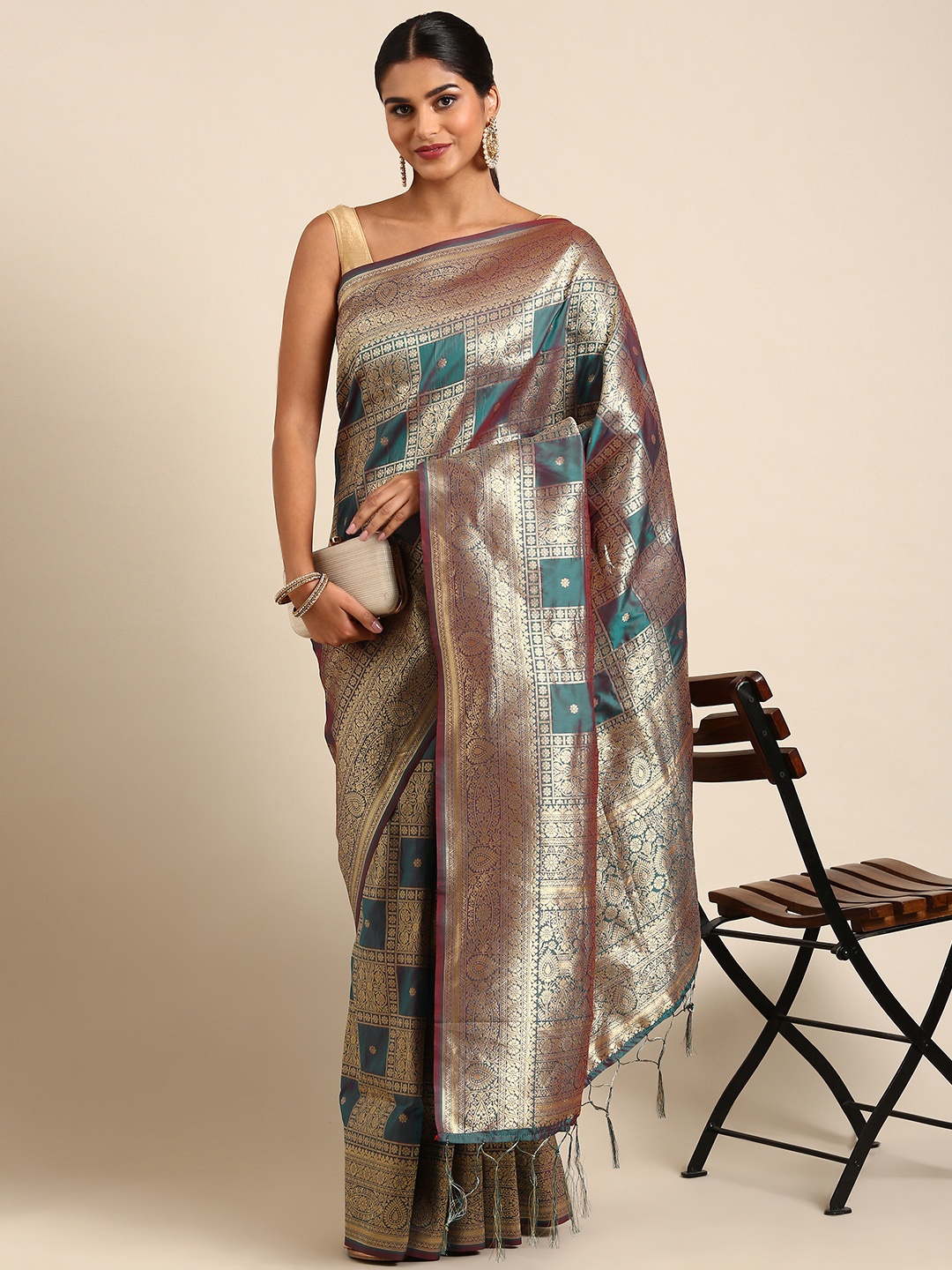 

Royal Rajgharana Saree Ethnic Motifs Zari Pure Silk Banarasi Saree, Turquoise blue