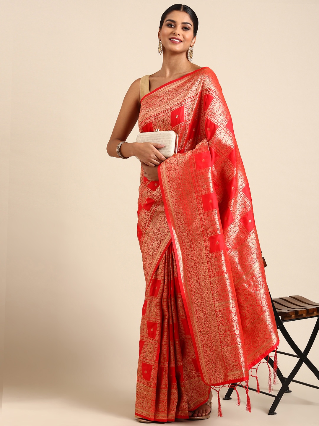 

Royal Rajgharana Saree Ethnic Motifs Zari Pure Silk Banarasi Saree, Red