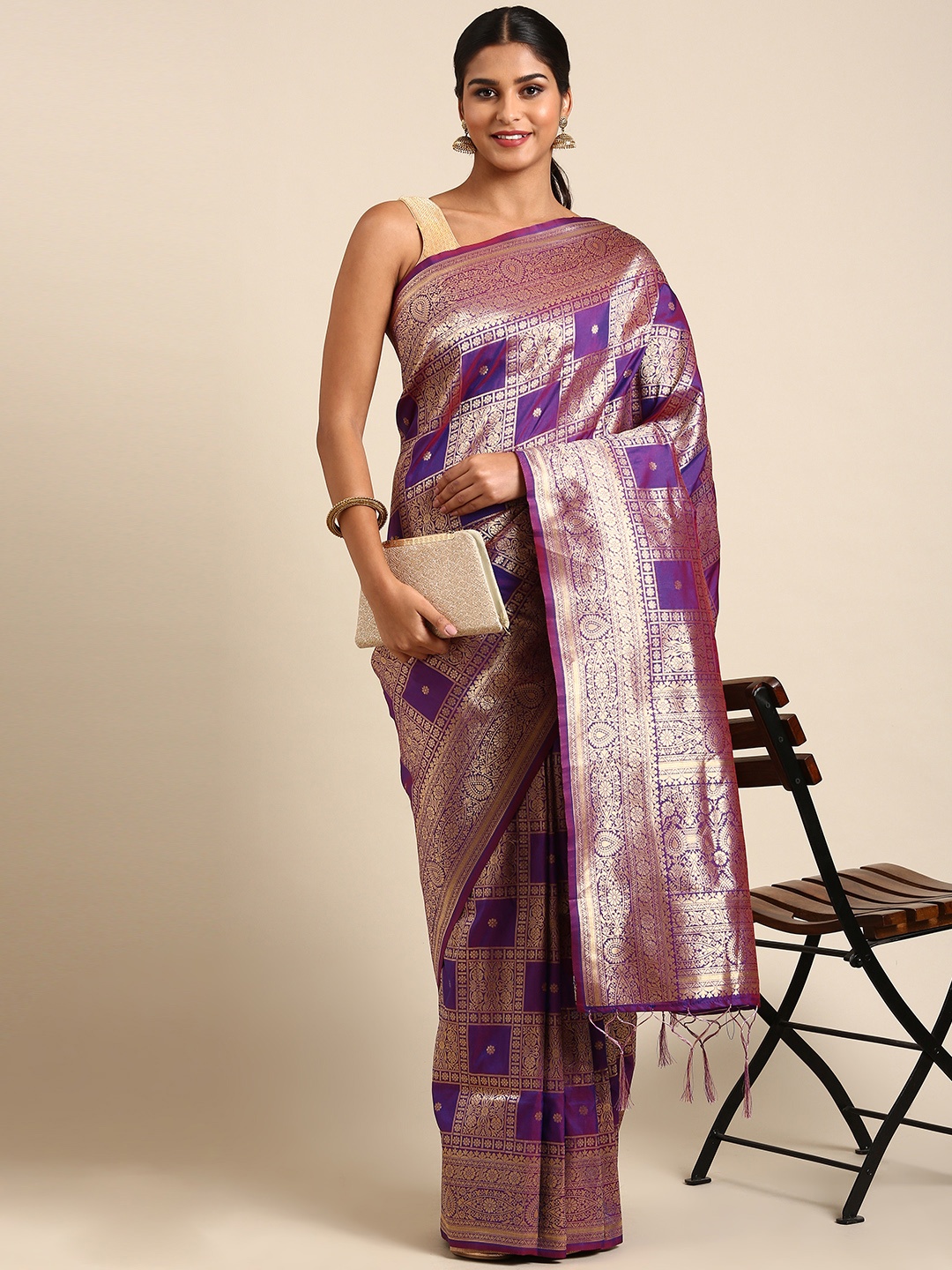 

Royal Rajgharana Saree Ethnic Motifs Zari Pure Silk Banarasi Saree, Purple