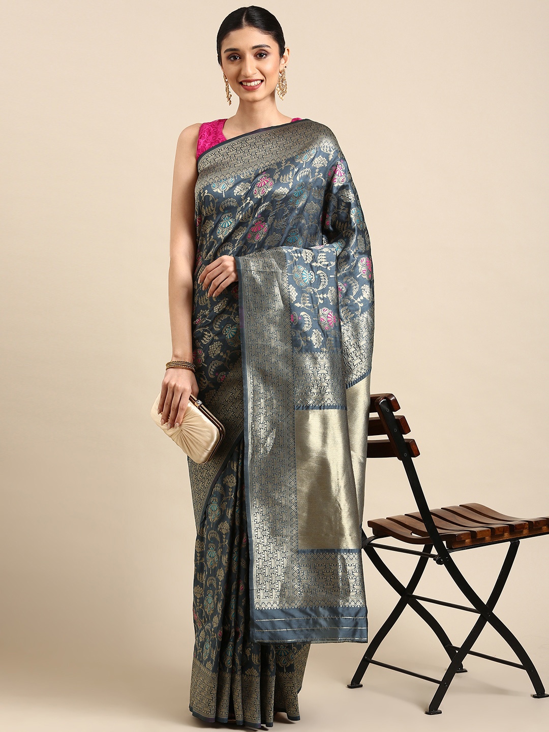 

Royal Rajgharana Saree Ethnic Motifs Zari Pure Silk Banarasi Sarees, Grey