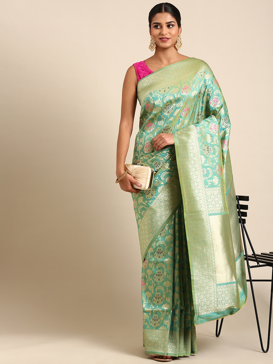 

Royal Rajgharana Saree Ethnic Motifs Zari Pure Silk Banarasi Saree, Sea green