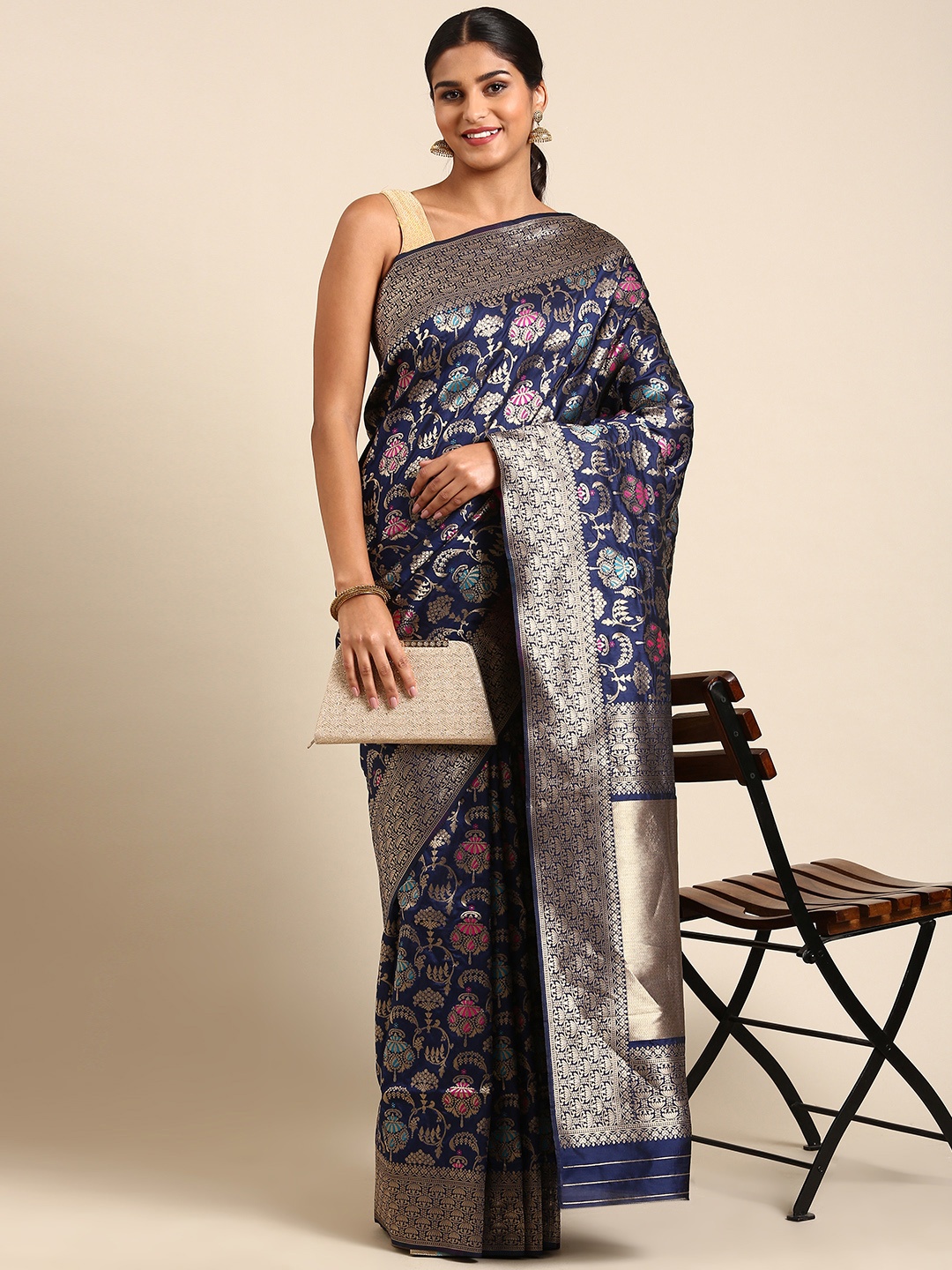 

Royal Rajgharana Saree Ethnic Motifs Zari Pure Silk Banarasi Saree, Navy blue