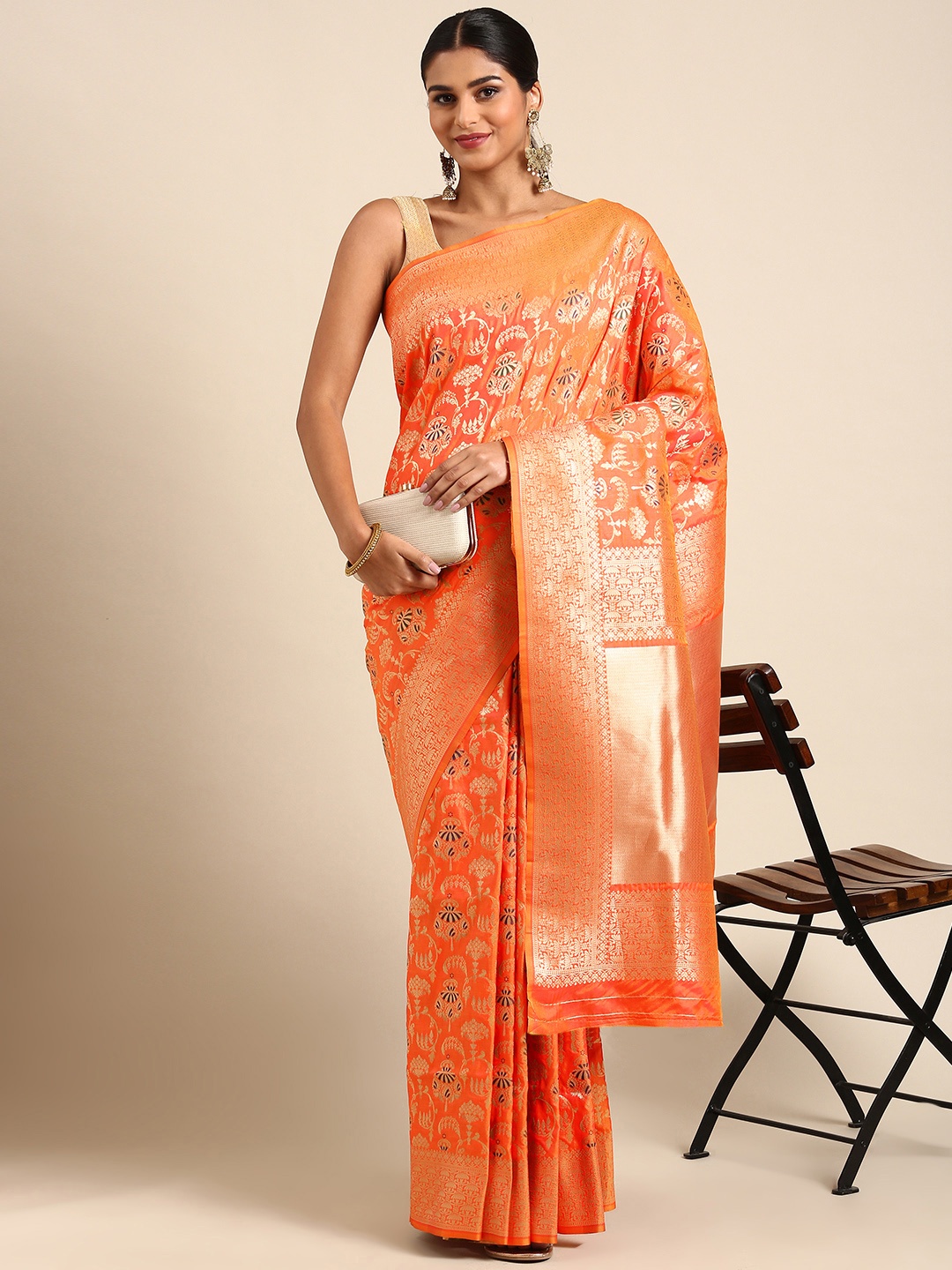 

Royal Rajgharana Saree Floral Zari Pure Silk Banarasi Saree, Orange