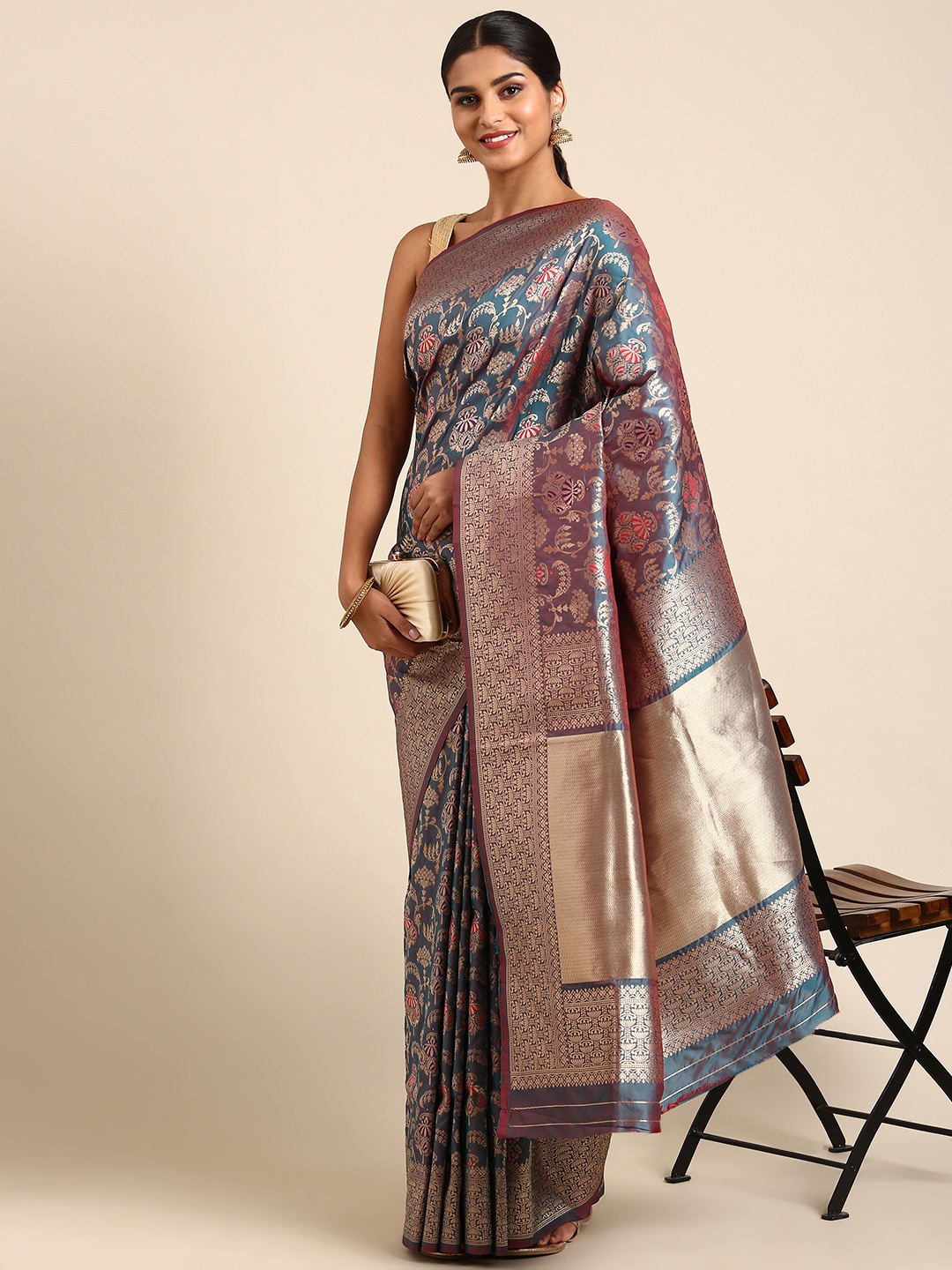 

Royal Rajgharana Saree Ethnic Motifs Zari Pure Silk Banarasi Saree, Turquoise blue