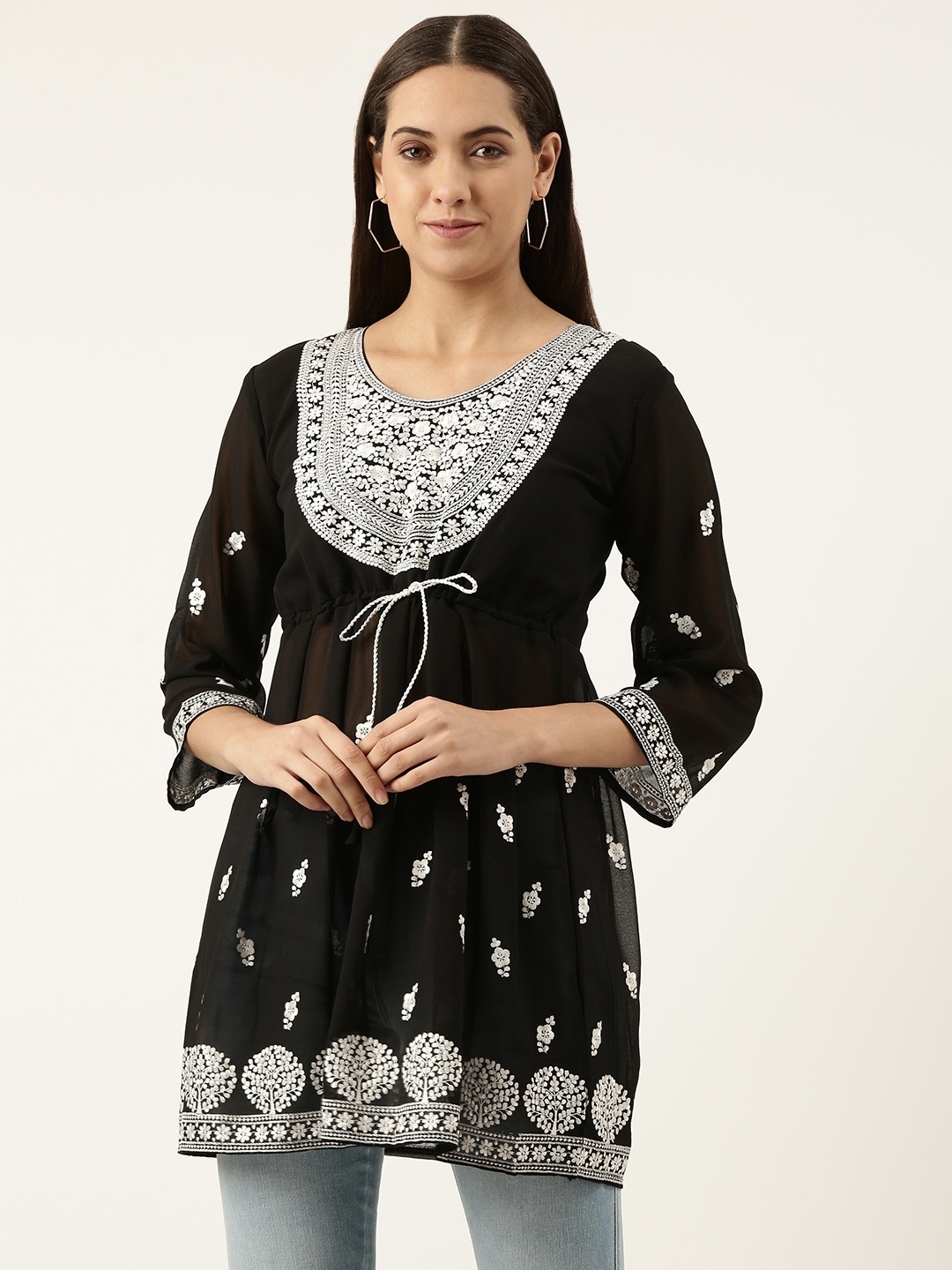

WEAVETECH IMPEX Floral Embroidered Georgette Longline Top, Black