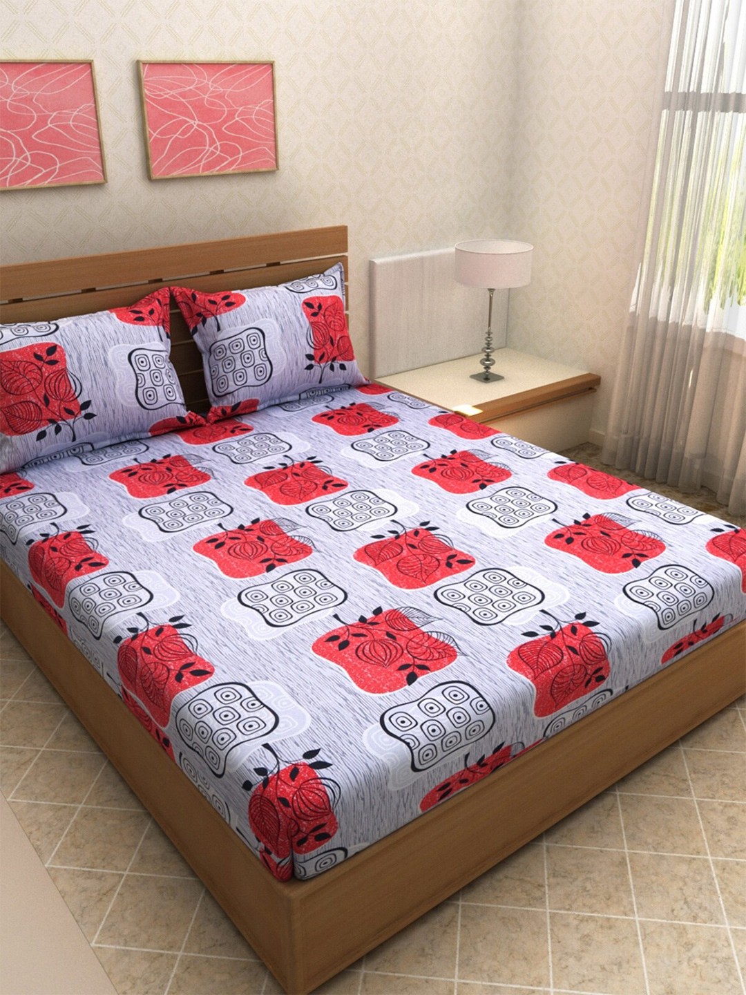 

ROMEE Blue & Red Geometric 144 TC Microfiber Queen Bedsheet with 2 Pillow Covers