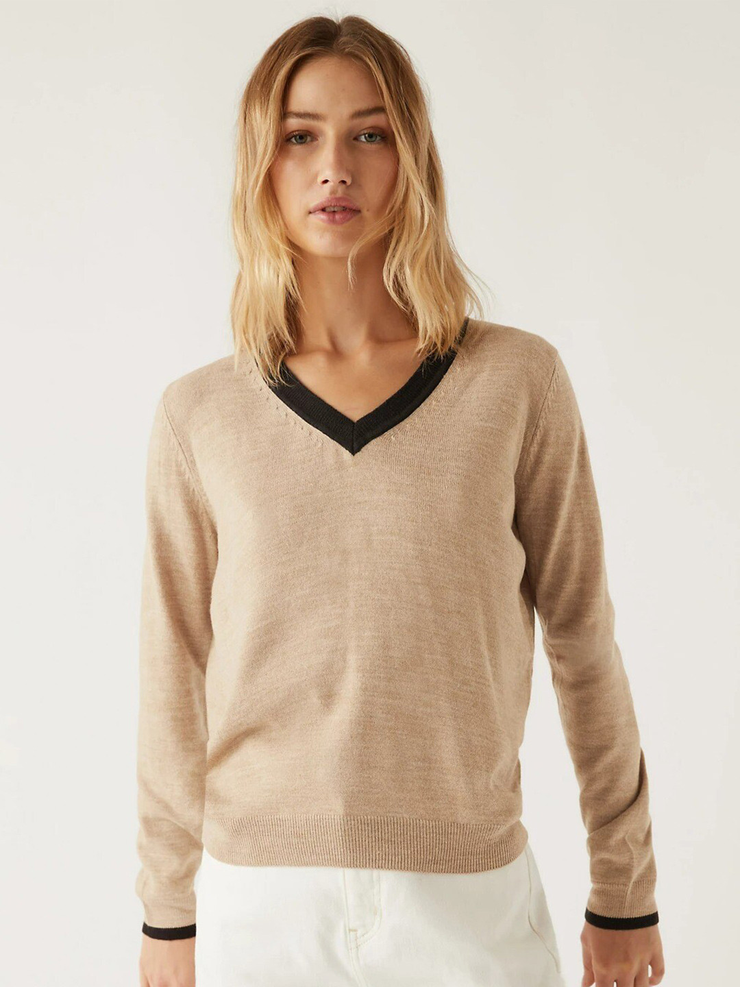 

Marks & Spencer Women Acrylic Colourblocked Pullover, Beige