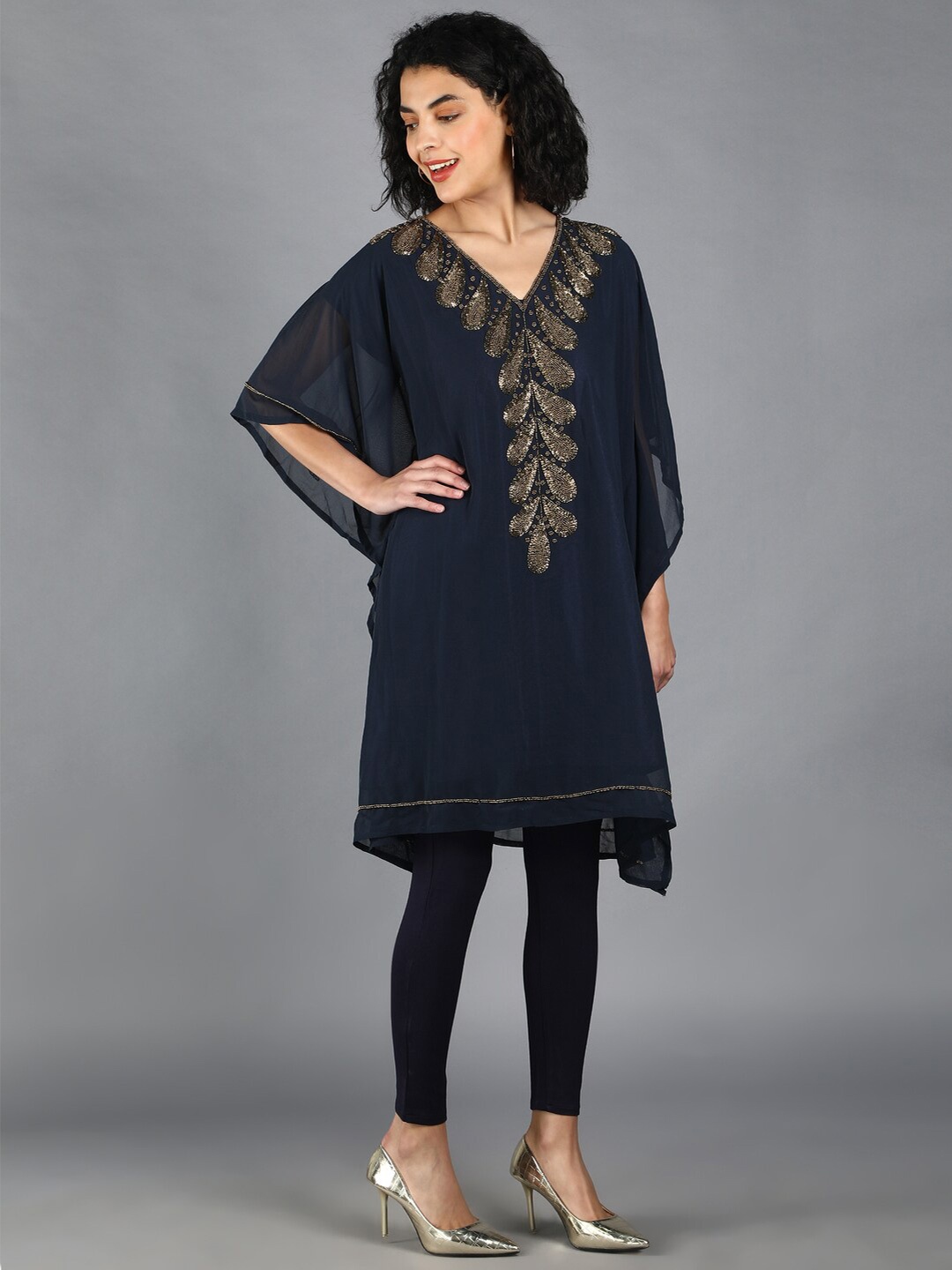 

DEBONATELLA Embellished V Neck Kaftan Dress, Navy blue