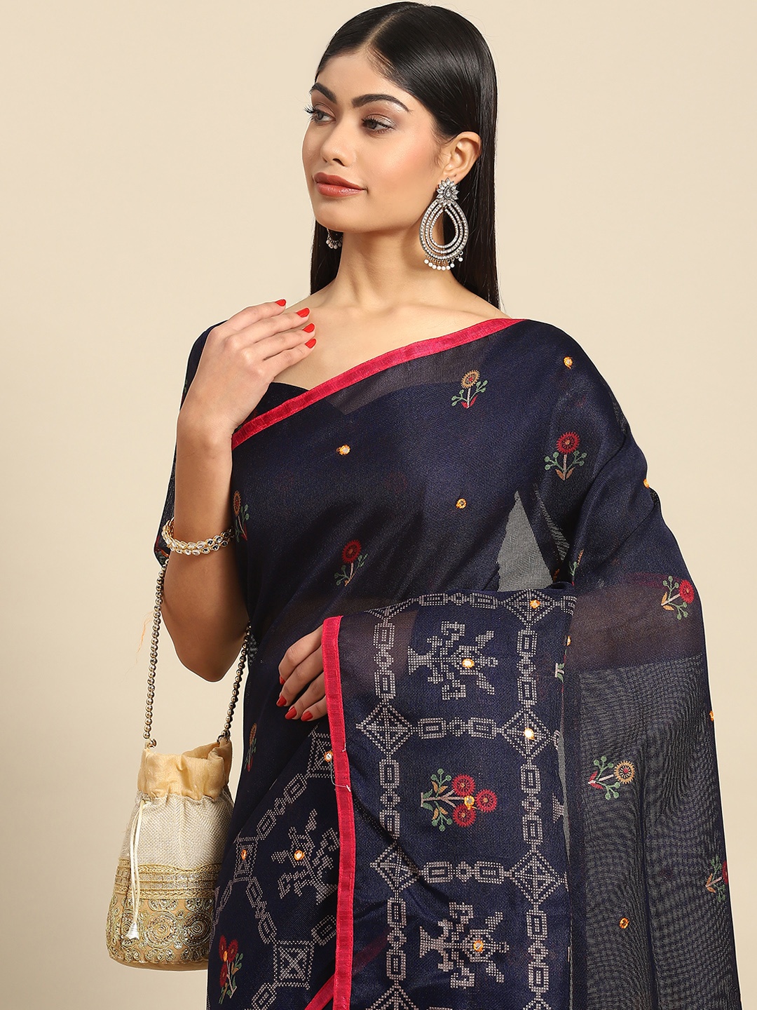 

Anouk Floral Print Mirror Work Jute Silk Banarasi Saree, Navy blue