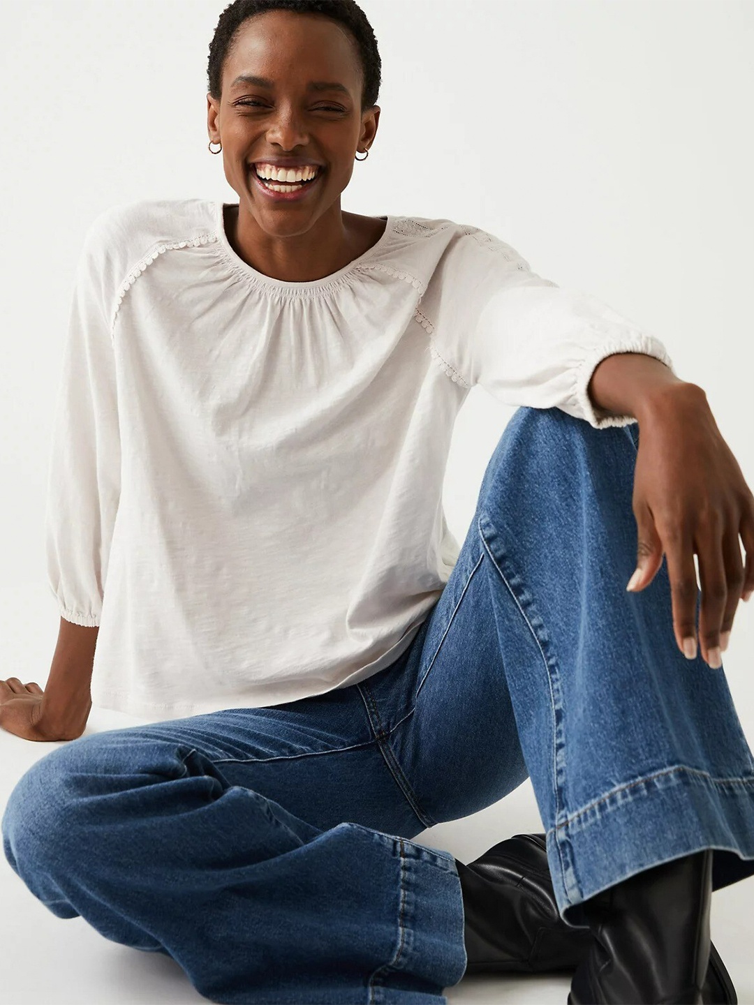 

Marks & Spencer Lace Detail Puff Sleeves Pure Cotton Top, Cream