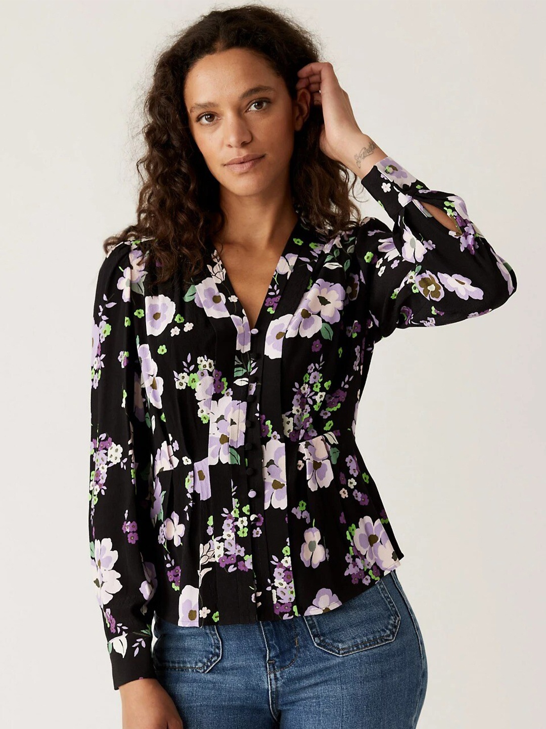 

Marks & Spencer Floral Print Shirt Style Top, Black