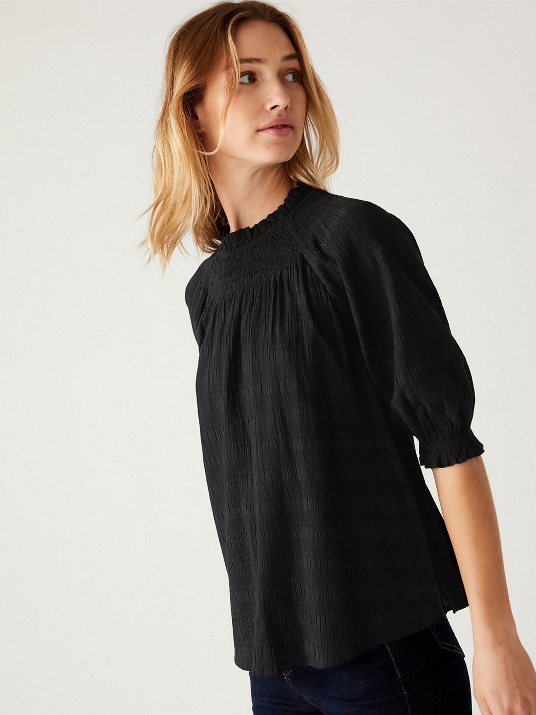 

Marks & Spencer Puff-Sleeved Top, Black
