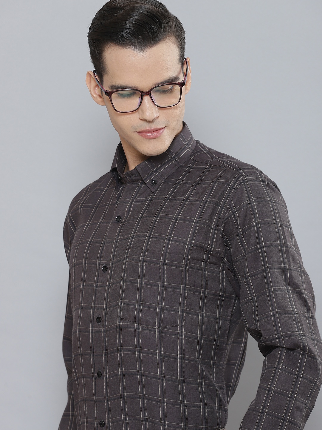

DENNISON Men Smart Tartan Checked Cotton Formal Shirt, Brown