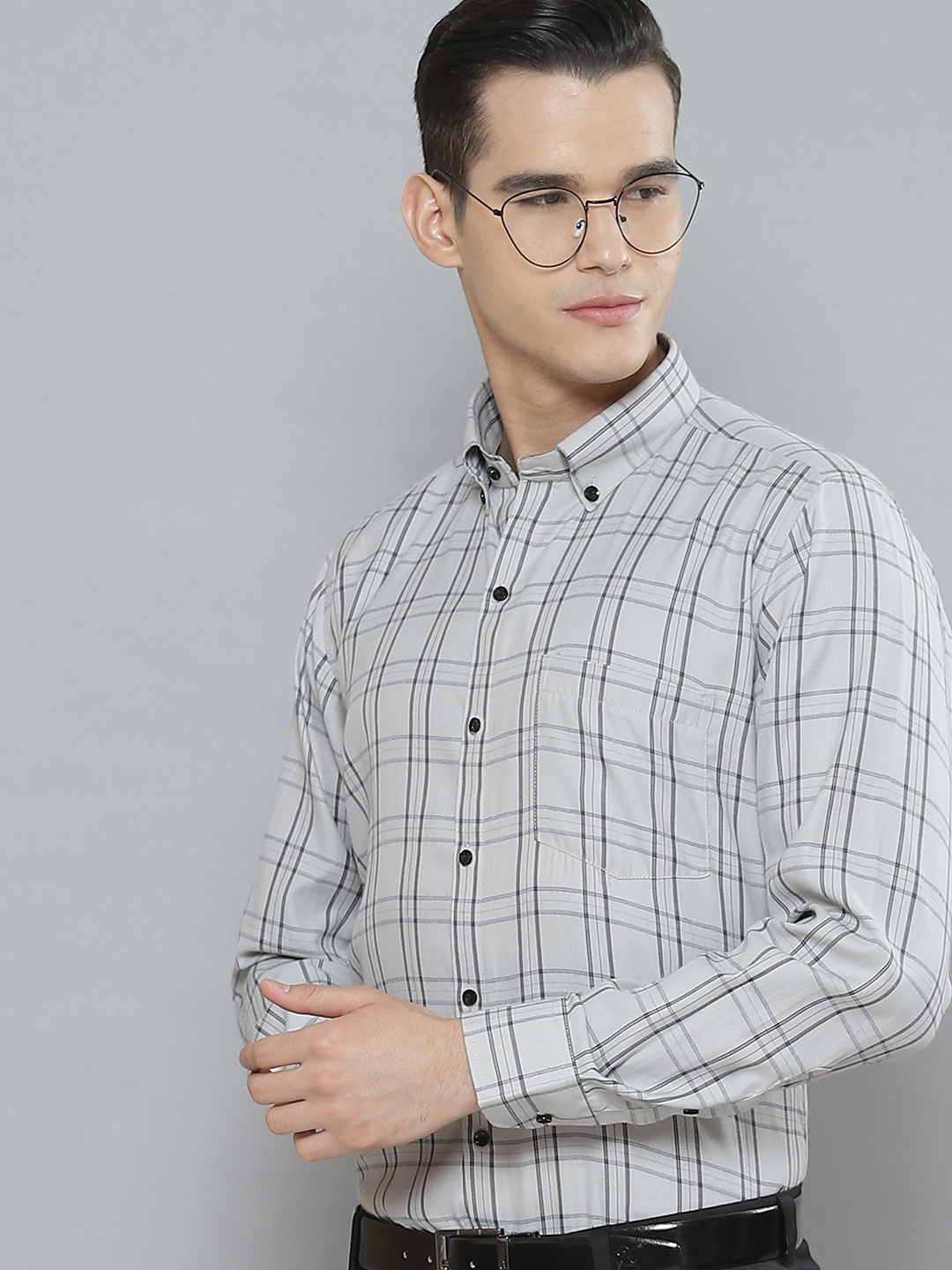 

DENNISON Men Smart Tartan Checked Cotton Formal Shirt, Grey melange