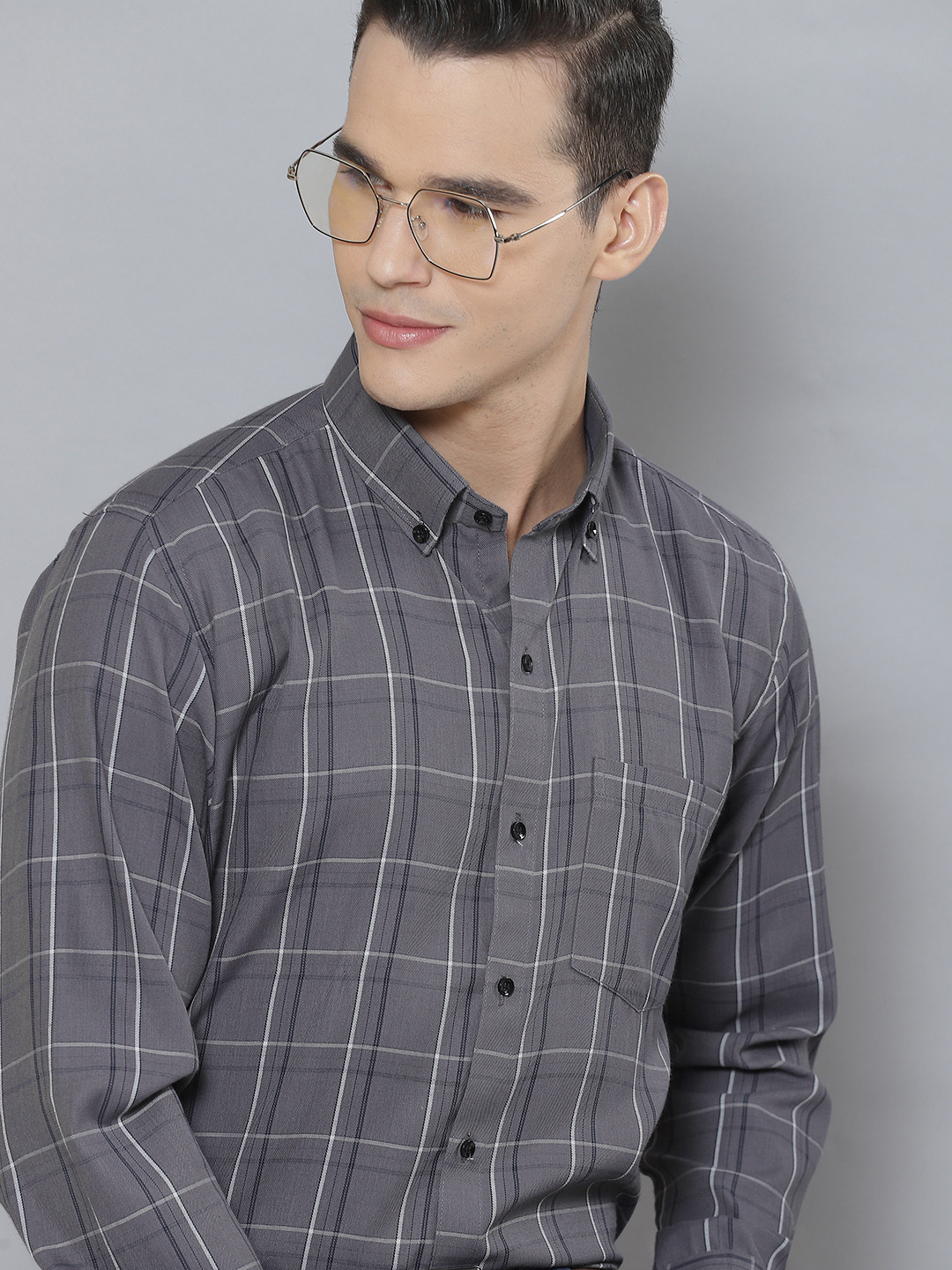 

DENNISON Men Charcoal Smart Tartan Checked Formal Shirt