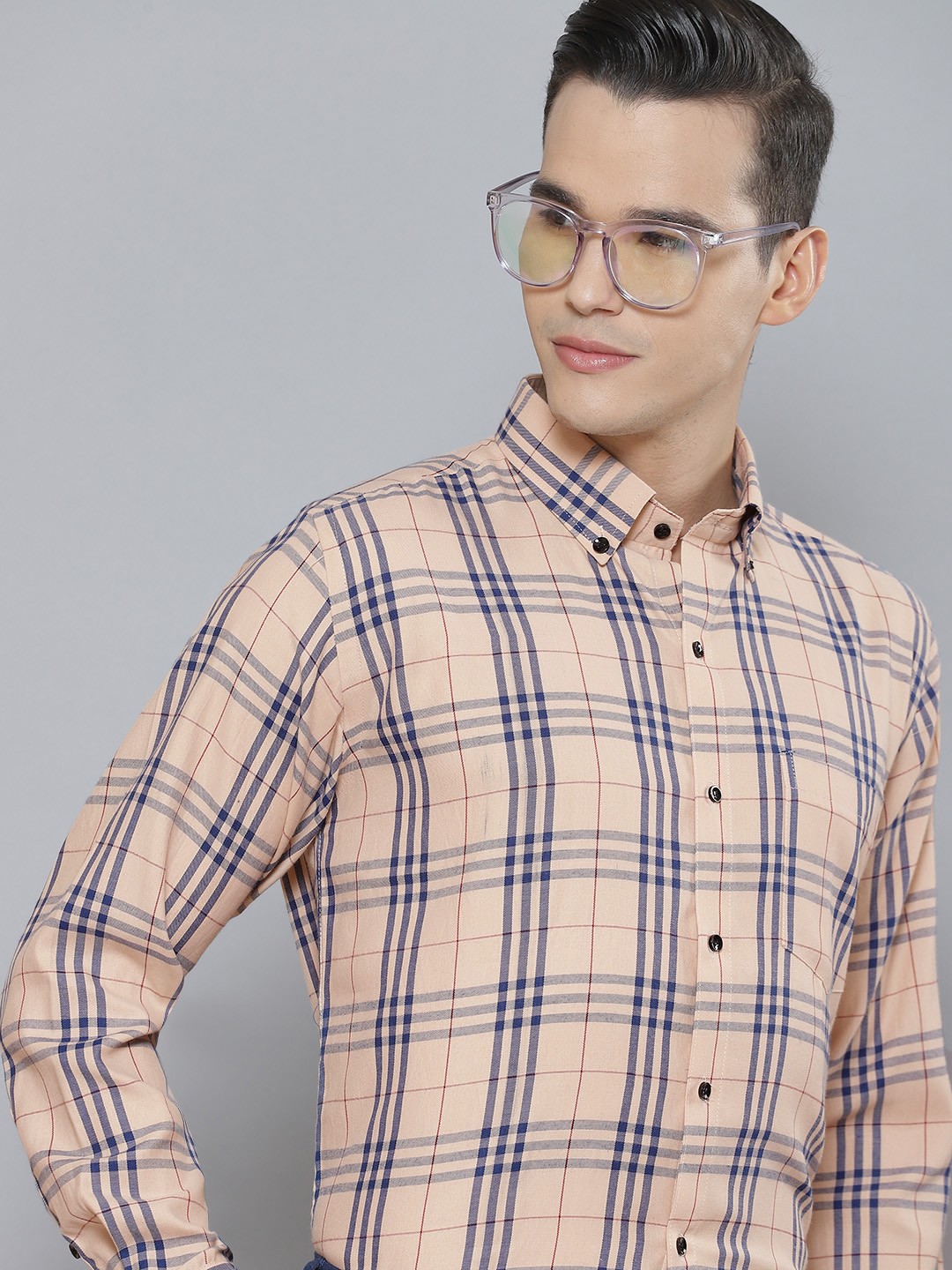 

DENNISON Men Smart Tartan Checked Cotton Formal Shirt, Beige