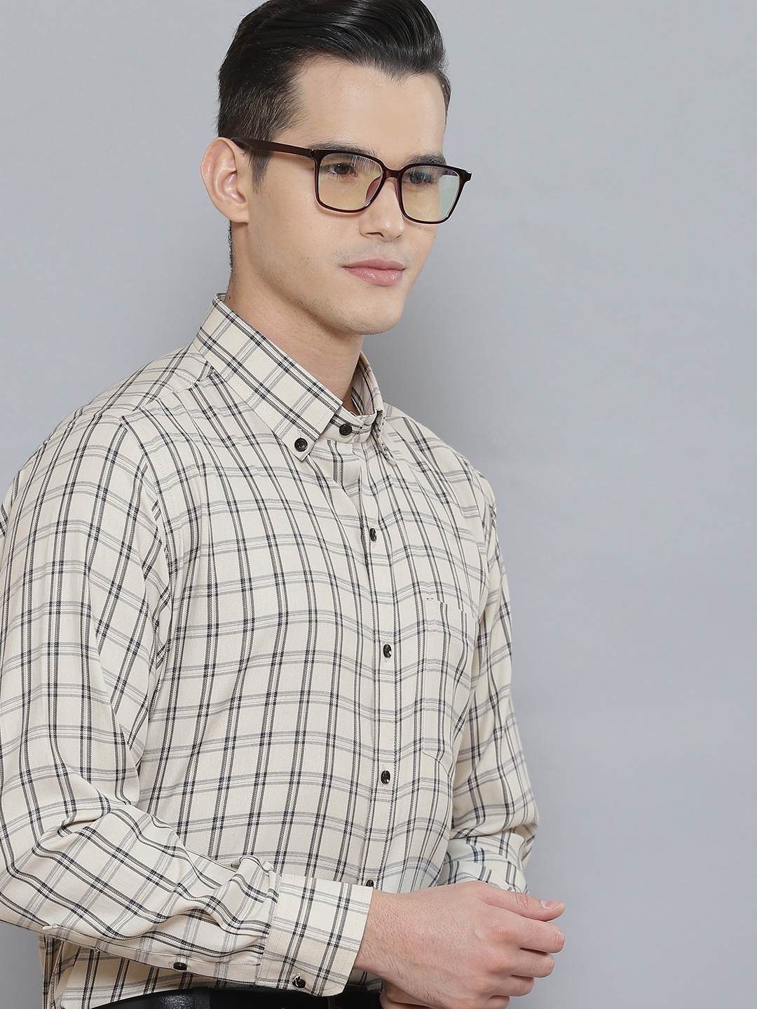 

DENNISON Men Smart Tartan Checked Cotton Formal Shirt, Beige