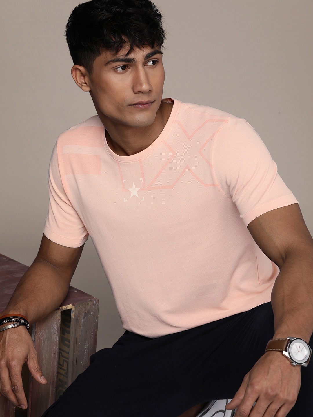 

FORCE IX Men Pure Cotton Brand Logo Printed T-shirt, Peach