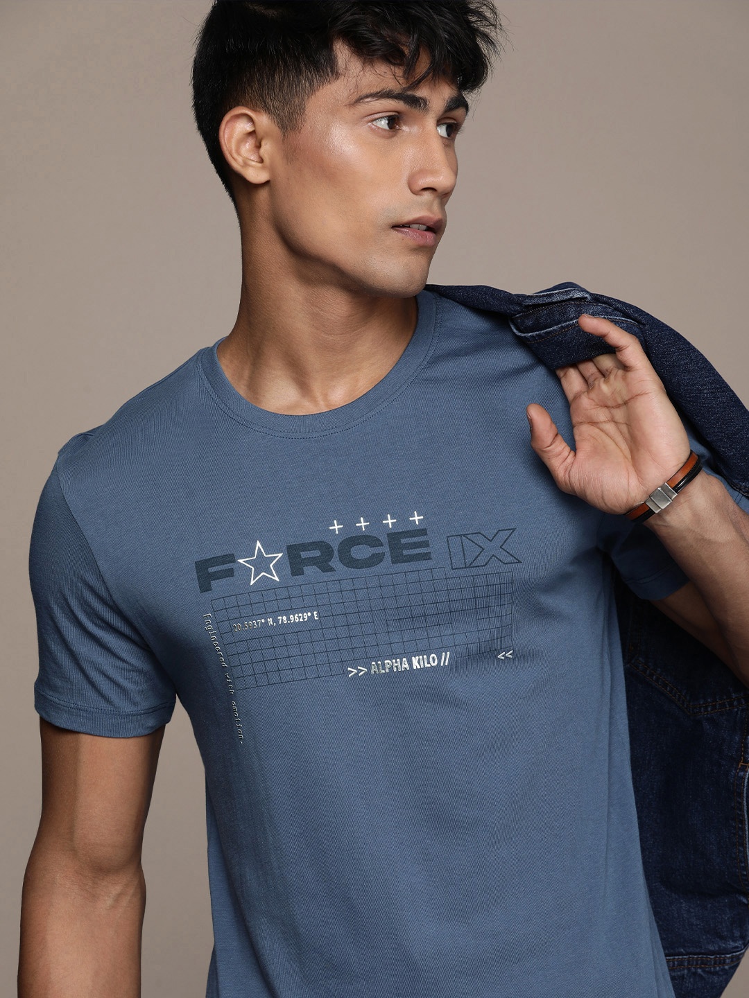 FORCE IX Men Typography Printed Pure Cotton T-shirt, Blue