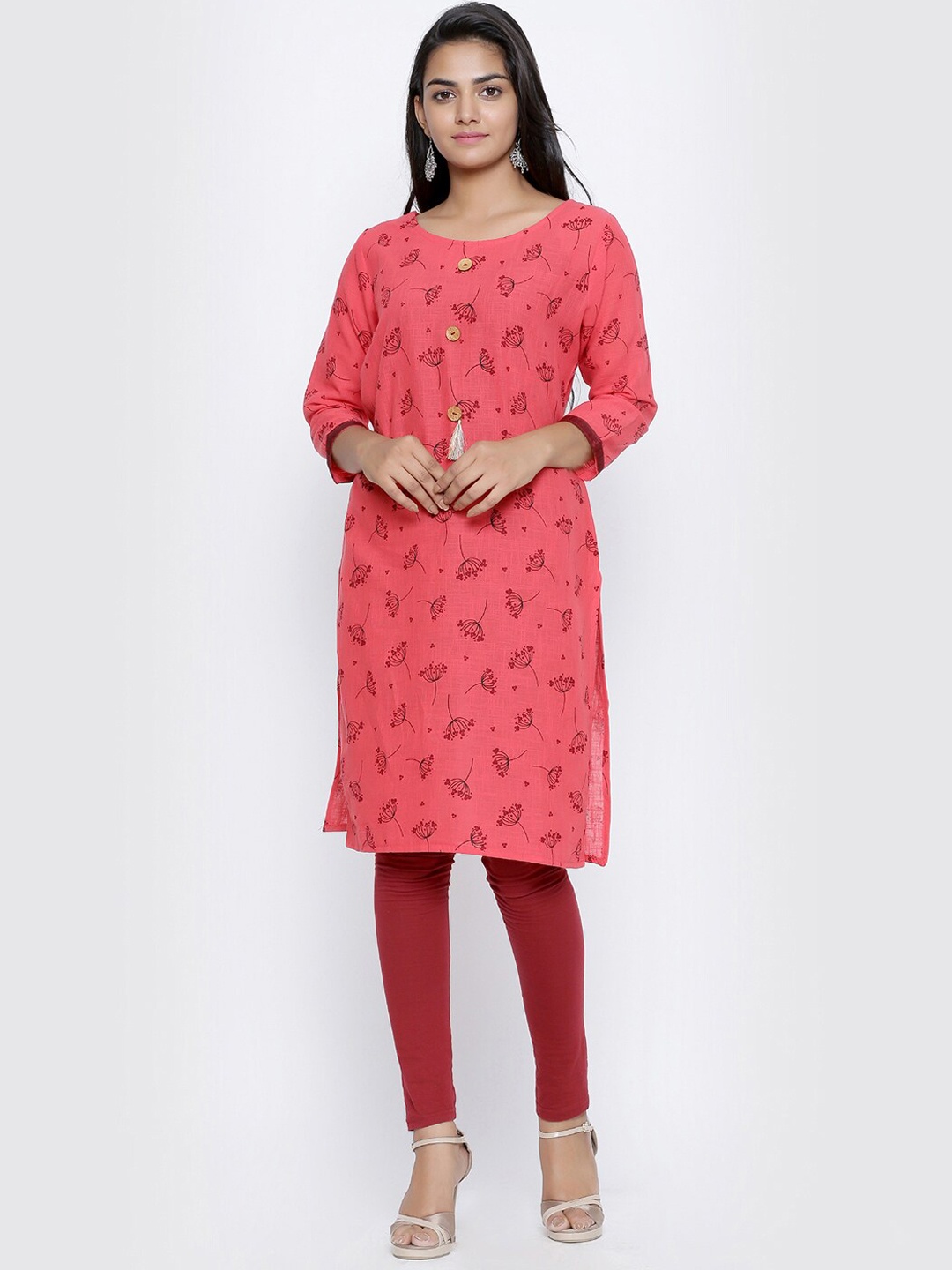 SOUNDARYA Floral Printed Boat Neck Pure Cotton Kurta, Peach