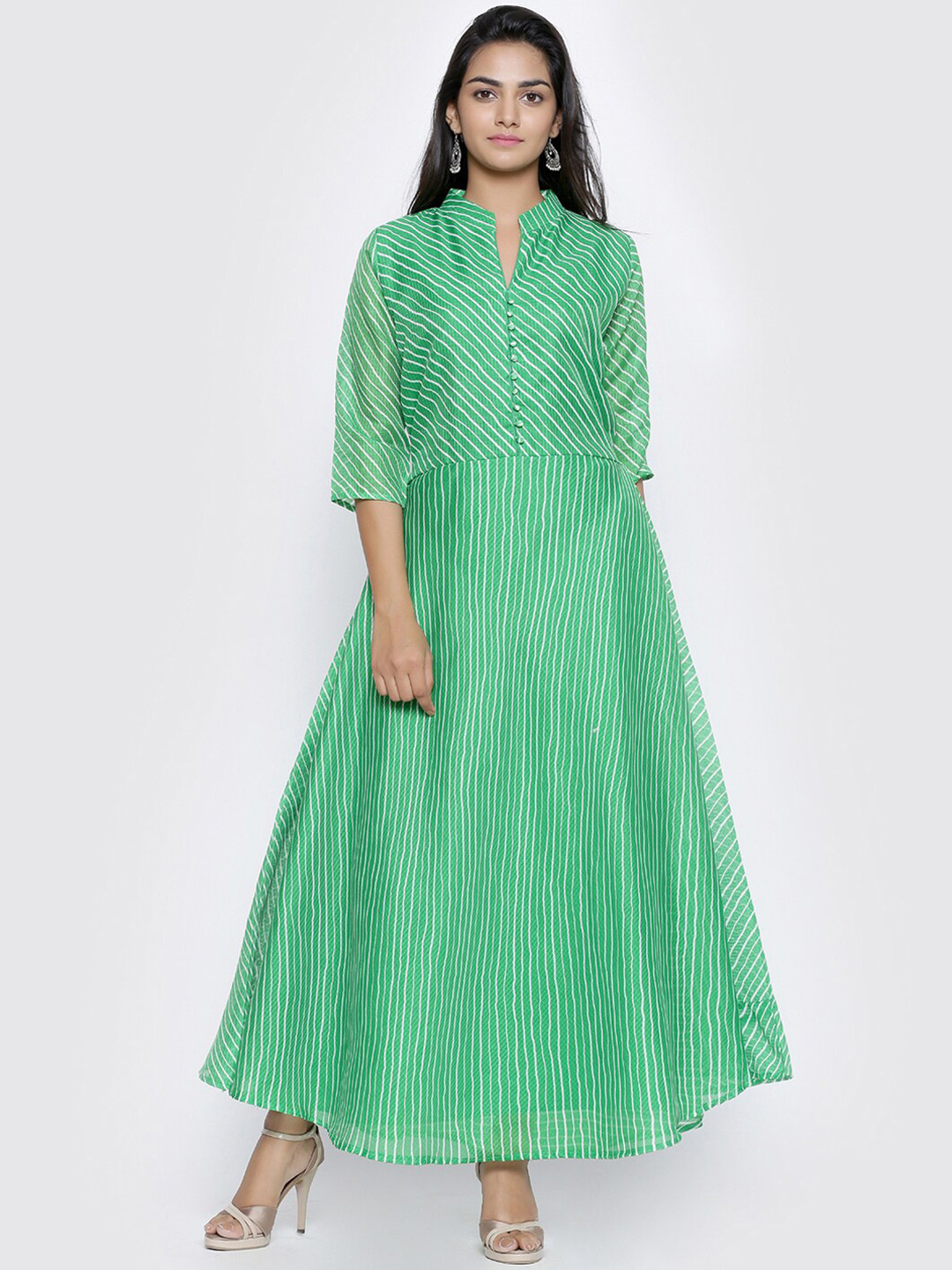 

SOUNDARYA Mandarin Collar Leheriya Striped Anarkali Cotton Kurta, Green